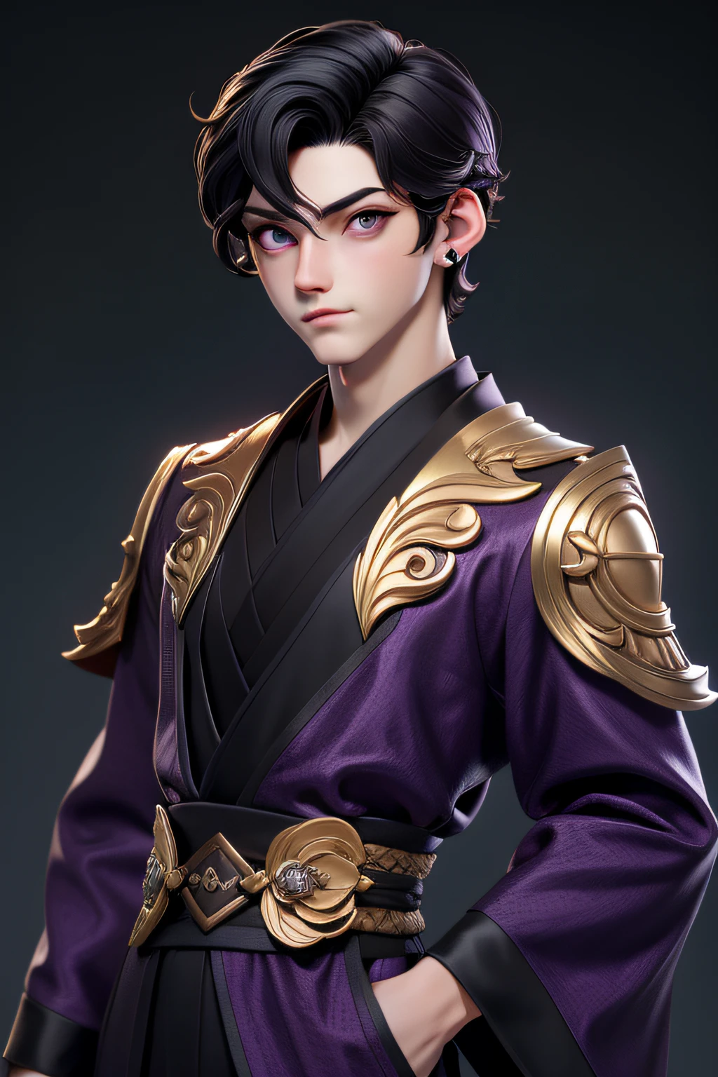 masterpiece, best quality, 1 boy, purple eyes, pale skin, black hair, wavy hair, short hair, gold earrings, black japanese clothes, simple background, solo, upper body