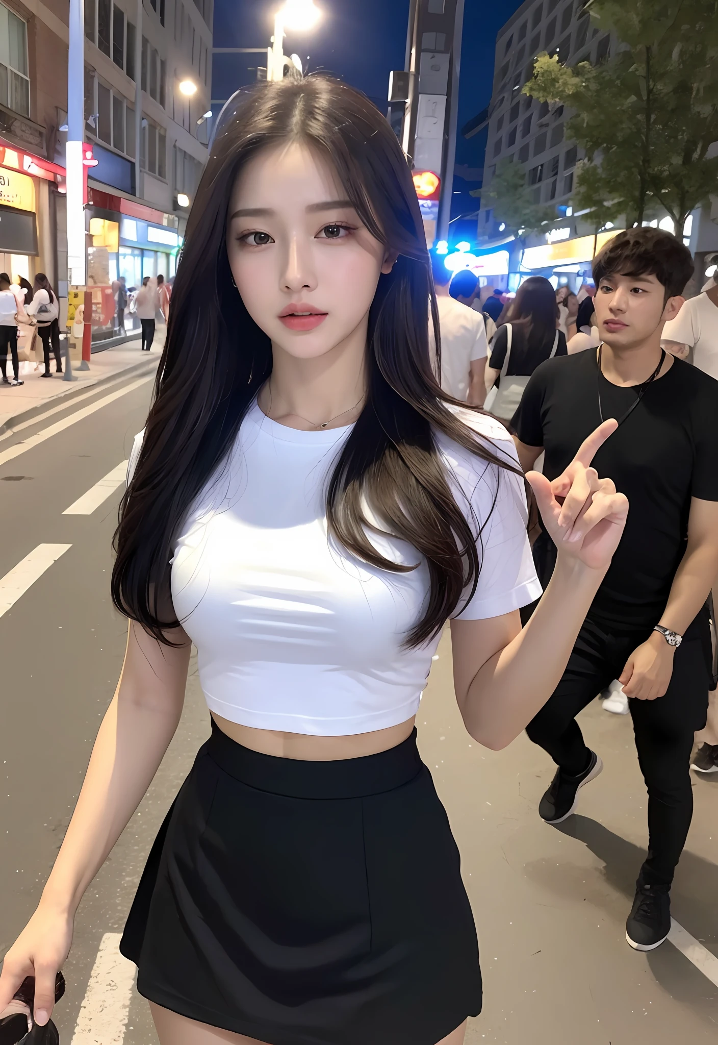 (Best Quality, 8K, Masterpiece, Ultra HD: 1.3), (K-Pop Idol: 1.3), 1 Pretty Girl, (Big: 1.2), (Long Hair), Abs, Perfect Figure, Ultra Fine Face, Delicate Lips, Beautiful Eyes, Double Eyelids, Super fine hand, Super fine finger,((Aroused: 1.9)), t-shirt, short skirt  , Detailed  , streets buiding euro, night street,