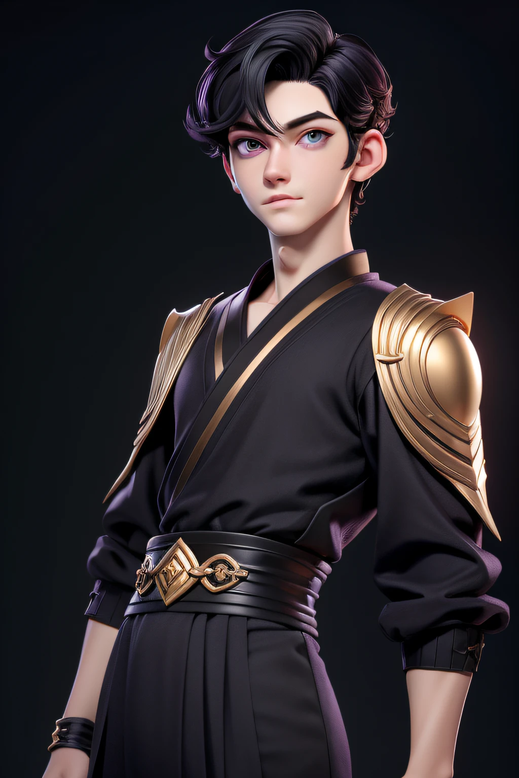 masterpiece, best quality, 1 boy, purple eyes, pale skin, black hair, wavy hair, short hair, gold earrings, black japanese clothes, simple background, solo, upper body