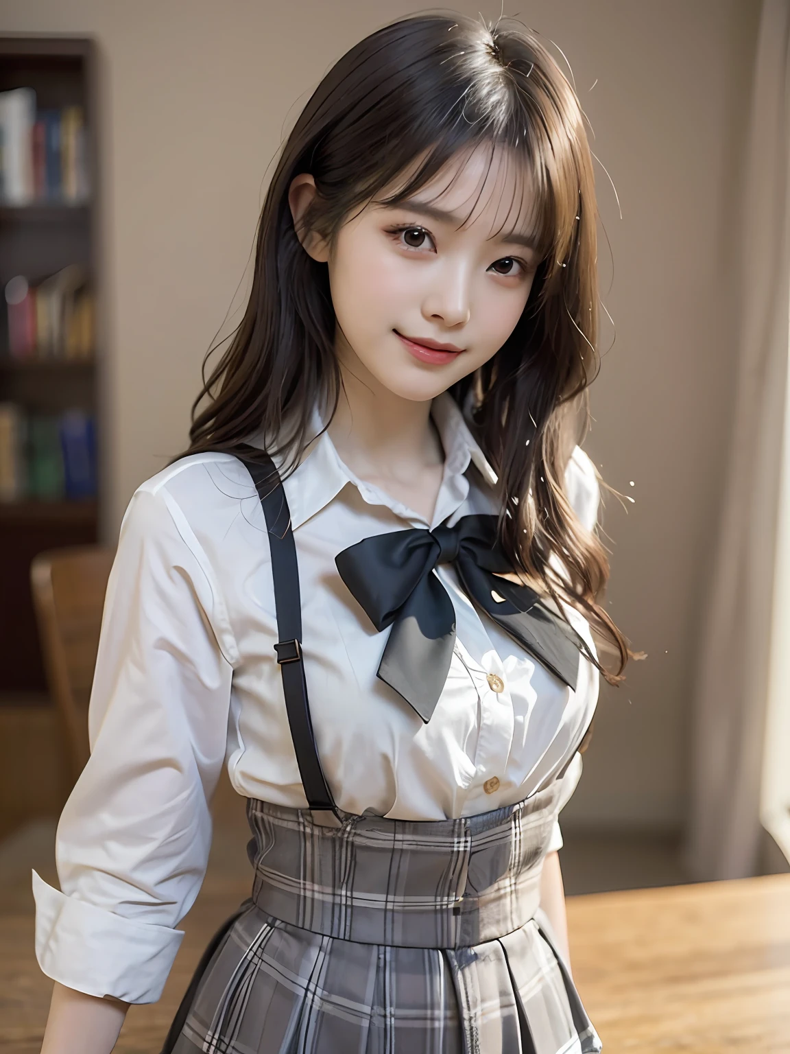 Masterpiece, top quality, official art, highly detailed CG Unity 8K wallpaper, like a schoolgirl, very delicate and beautiful, ultra high resolution, (photorealistic: 1.4), golden hour lighting, (upper body), (platinum shorthair: 0.8), (puffy eyes), looking at the viewer, facing the front, smiling, JK skirt, white dress, Shirt Lift Long Black Hair