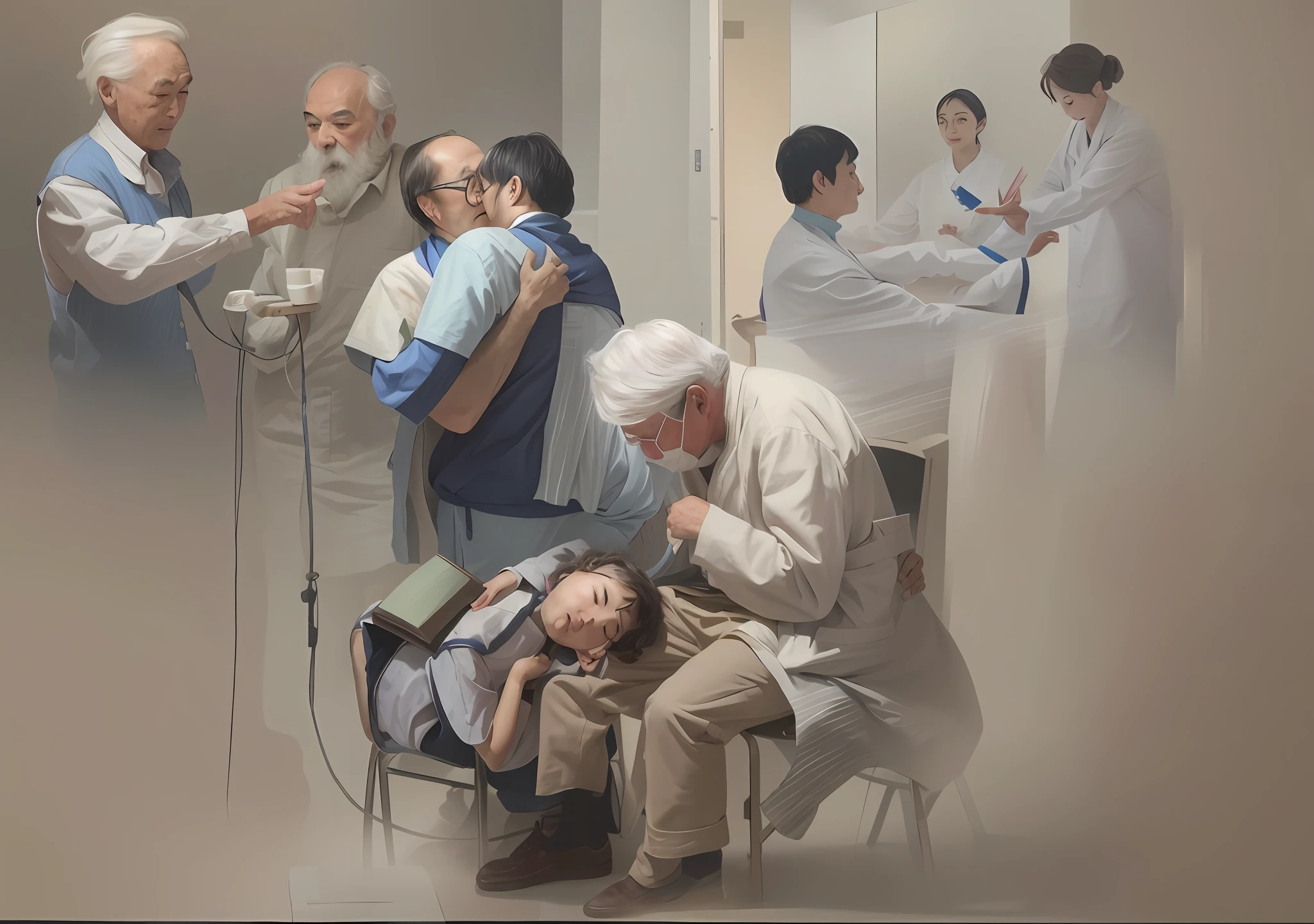 The dynamic expression of characters is clearer、More explicit,and harmonious,The painting consists of four sets of emotions。1.The doctor reads stories to the child who is receiving the infusion,The child fell asleep leaning on the doctor's lap。2.During the pandemic, The doctor takes meticulous care and care for the elderly,The real scene of the old man holding the doctor after being discharged。3.Scene of a doctor feeding a patient。4.Scene of a doctor presenting flowers to a patient who is about to be discharged。Character dynamics and harmonious adjustment,Impeccable,The content is clearer,More reasonable,Picture adjustment,The light source is uniform and clear,Classical oil painting,perfect works,Works of masters,oil painted,Oil on canva,Enrich the picture,photorealisti,Verism,The characters are dynamic perfect,The details are perfect,more clearly、More reasonable,The expressions of the characters are more perfect,and harmonious,Adjust dynamics,Content rational,Clear details,realisticlying,Realistis,More natural,Content harmony,Each character has their own content,Harmony with nature