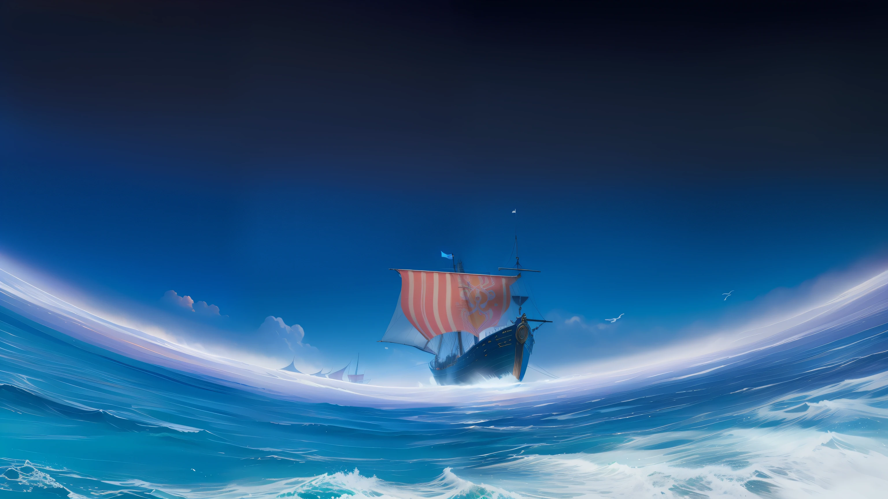 （tmasterpiece，best qualtiy）， intricately details， 8K， 富士XT3,the sea，fisheyelens，Faraway view，viking ship，baiyun，Blue sky，starlights，