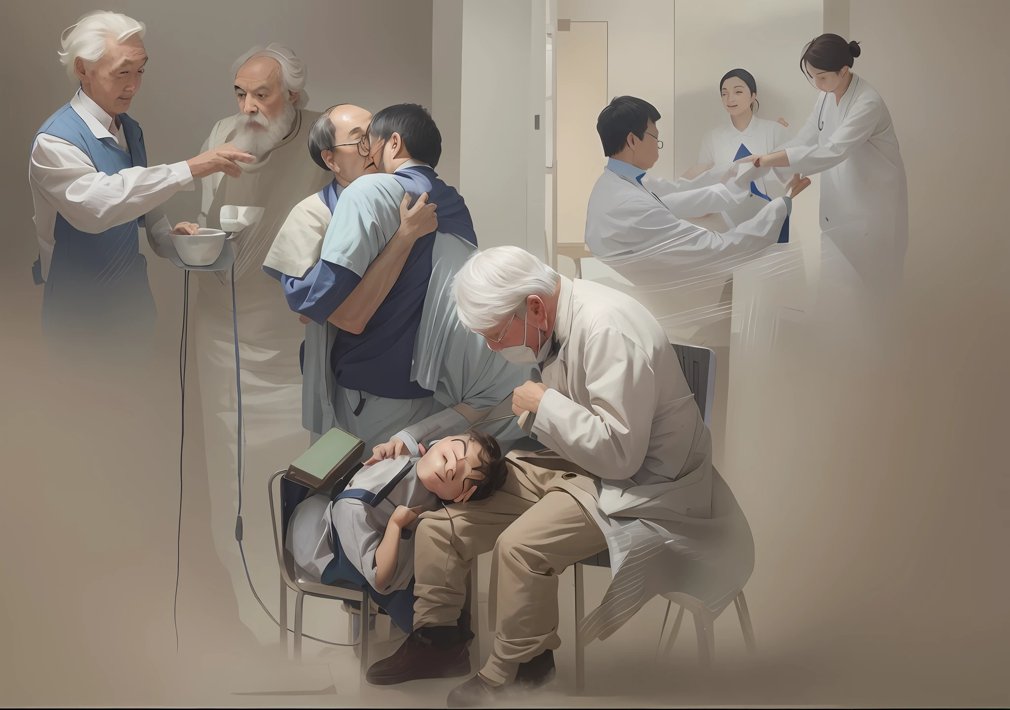 The dynamic expression of characters is clearer、More explicit,and harmonious,The painting consists of four sets of emotions。1.The doctor reads stories to the child who is receiving the infusion,The child fell asleep leaning on the doctor's lap。2.During the pandemic, The doctor takes meticulous care and care for the elderly,The real scene of the old man holding the doctor after being discharged。3.Scene of a doctor feeding a patient。4.Scene of a doctor presenting flowers to a patient who is about to be discharged。Character dynamics and harmonious adjustment,Impeccable,The content is clearer,More reasonable,Picture adjustment,The light source is uniform and clear,Classical oil painting,perfect works,Works of masters,oil painted,Oil on canva,Enrich the picture,photorealisti,Verism,The characters are dynamic perfect,The details are perfect,more clearly、More reasonable,The expressions of the characters are more perfect,and harmonious,Adjust dynamics,Content rational,Clear details,realisticlying,Realistis,More natural,Content harmony,Each character has their own content,Harmony with nature