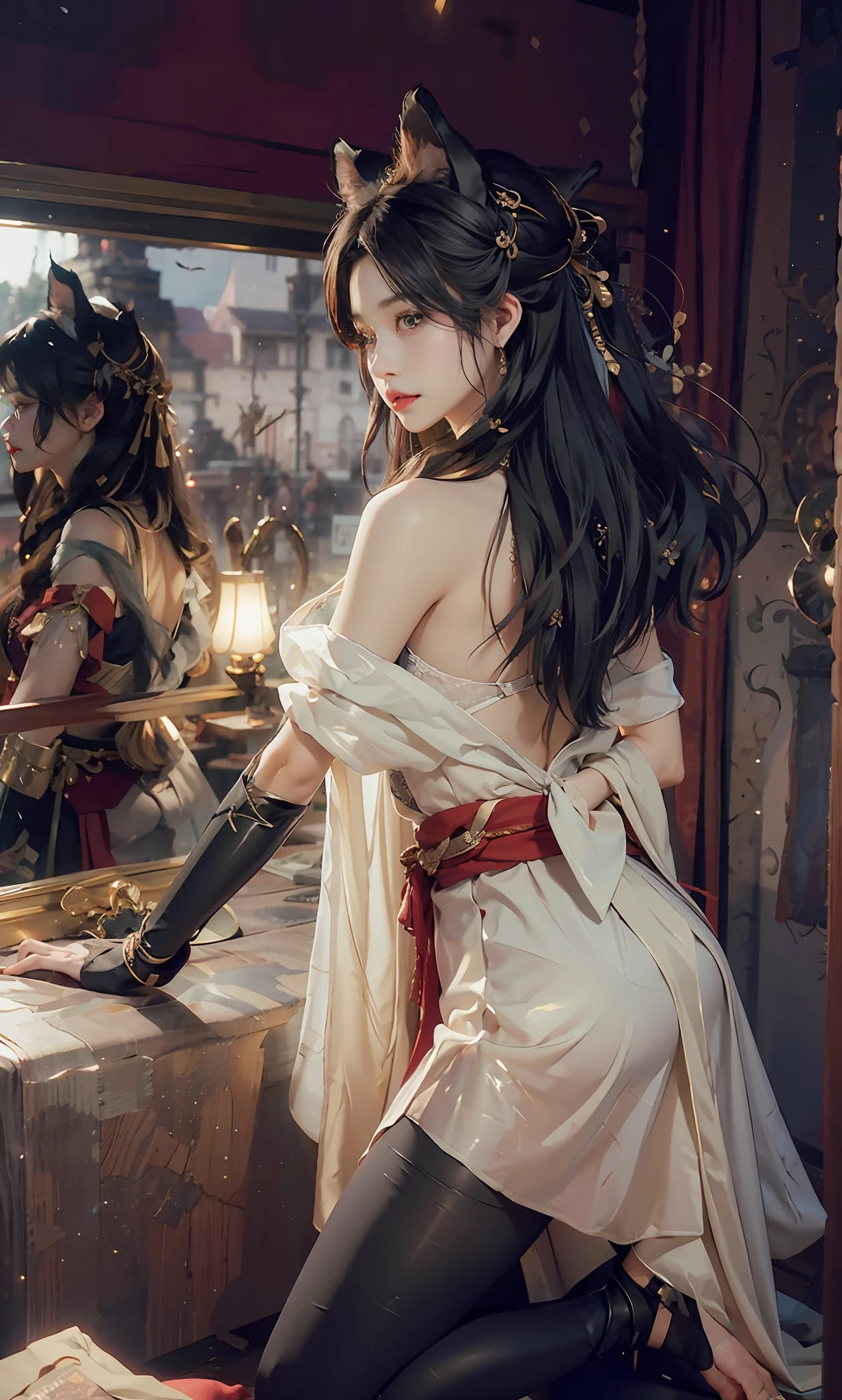 A white girl,Beautuful Women,Starry Sky Eyes,blusher,mitts,(realisticlying:1.4),Focus on the lower body,k hd,the detail,Elongated waist,Gorgeous long hair,Redlip,slenderness,Cover the chest,ellegance,in a panoramic view,inside in room,tmasterpiece,8K,atmospurate,shinny hair,kneeling up pose,messy hair,detailed back ground,black pantyhoses,Clean face,dynamic angle,romanticism lain,Takashi Yamamoto,ultra - detailed,stocklings,Cat ears,a cat tail,