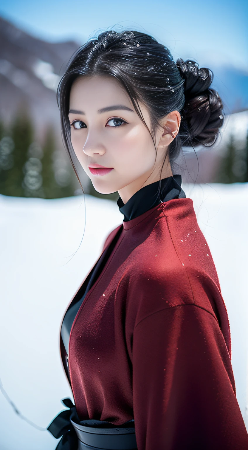 1 female，Stand on top of a snowy mountain，18yr old，（digital model：Nanako Matsushima 1.8），（Thin skeletal face，s delicate face），com rosto detalhado，（Fairy tale makeup：light make-up）， Black colored eyes，（Look into the distance），Loose bun，（（Windswept hair，Snow fell overhead）），Flaming red lips，Fair smooth skin，（Best Skin Type：1.21），mediuml breasts，（（Hanfu，Fairy costume，Tulle coat）），masterpiece1.3，（（Hasselblad photograp）），（half-body photo），（There was heavy snow on the screen），（scene：Her skin is better than snow, She was standing on the top of a mountain looking into the distance，Black hair and red lips，A slight smile，Fairy air ethereal，Tiny waist seal），8K分辨率， physically-based renderingt，profesional lighting，Surreal photography，exquisite detailing，详细的脸，The picture is pure，perfect hand，Perfect posture，Ultra-fine makeup，Ultra-fine clothing material