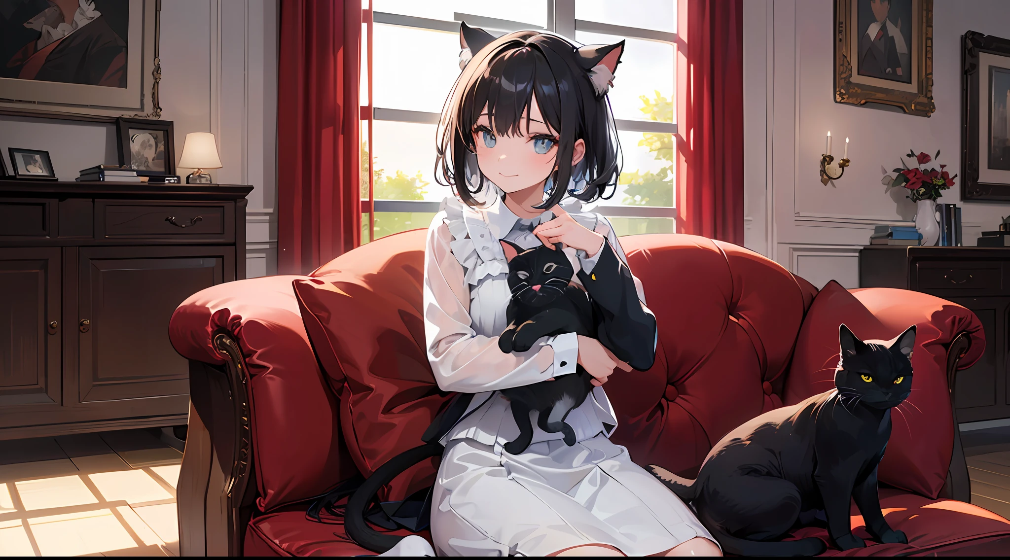 (Masterpiece, top quality, super detailed CG, ultra detailed beautiful face and eyes, super detailed, intricate details:1.2), 8k wallpapers, elaborate features,
(1 person, solo:1.4)perfect cartoon illustration,(1 person, solo:1.4)
(realistic textures:0.8), high res, cute, (vivid colors, dynamic lighting:1.0), (high contrast:0.8),
Young girl 1, cute face, innocent smile, glossy skin, white blouse, skirt, petting pet cat (black cat), living room at home, sofa, night