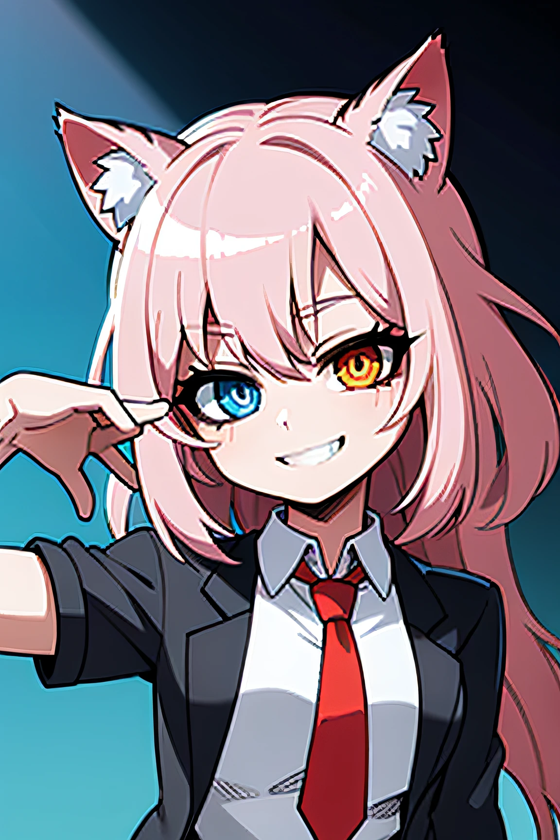 head portrait，schoolgirls，cat ear，flowy，The hair is pink with blue in the hair，Smile on your face，Sharp tiger teeth，Sick，Cyber style，rainbow，Heterochromic pupils