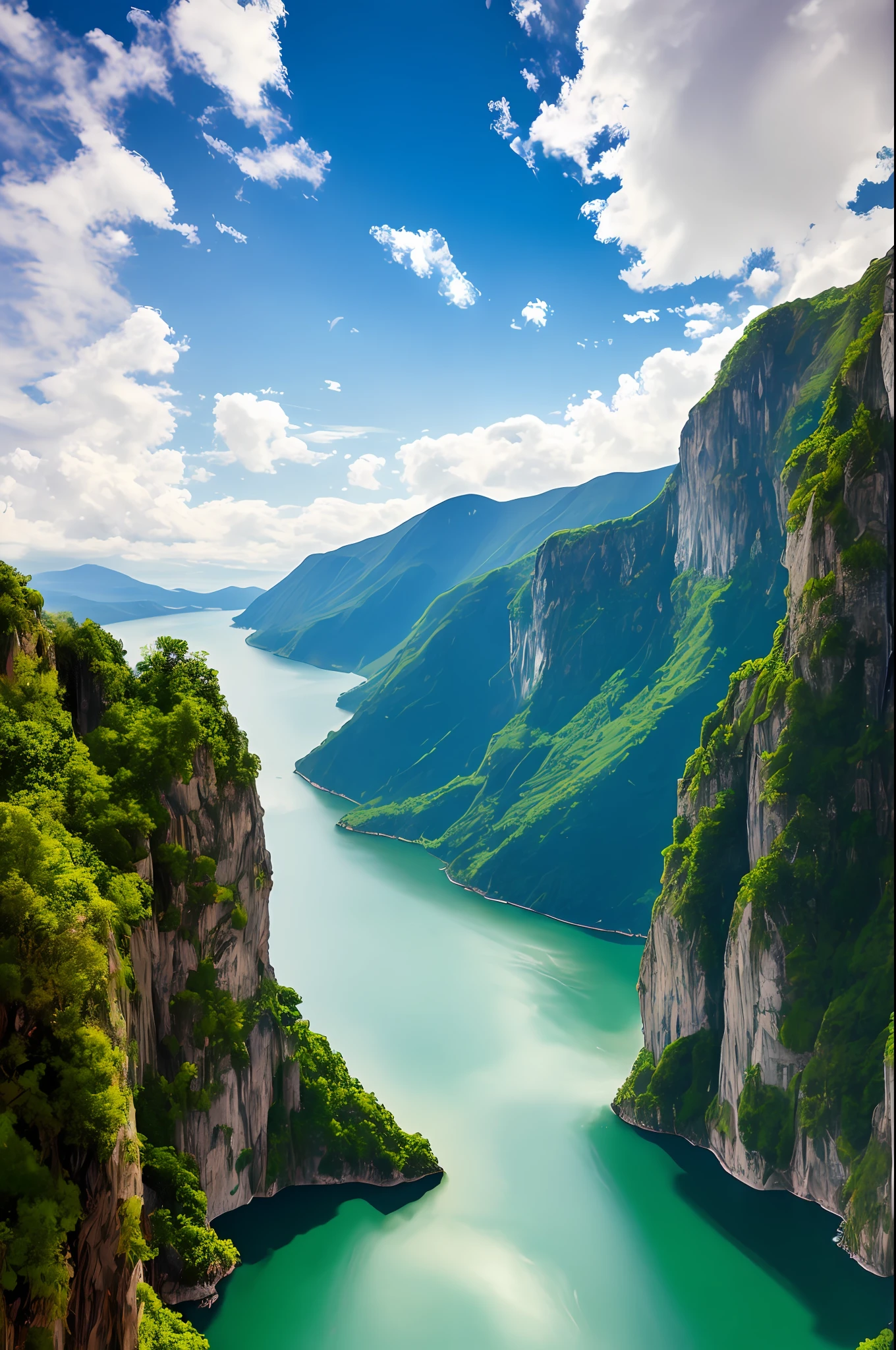 Masterpiece, ultimate quality, Cg unity 8k wallpaper, super delicate, beautiful sky and clouds, rich natural scenery, cliffs, lakes and rivers, waterfalls and flying water, beautiful green mountains, no trace of people, excellent scenery, has already won a photo contest, background Blurring, full depth of field, HDR high dynamics, true restoration, intricate, extreme details, dramatic presentation, perfectly presenting the style of midjourney art.