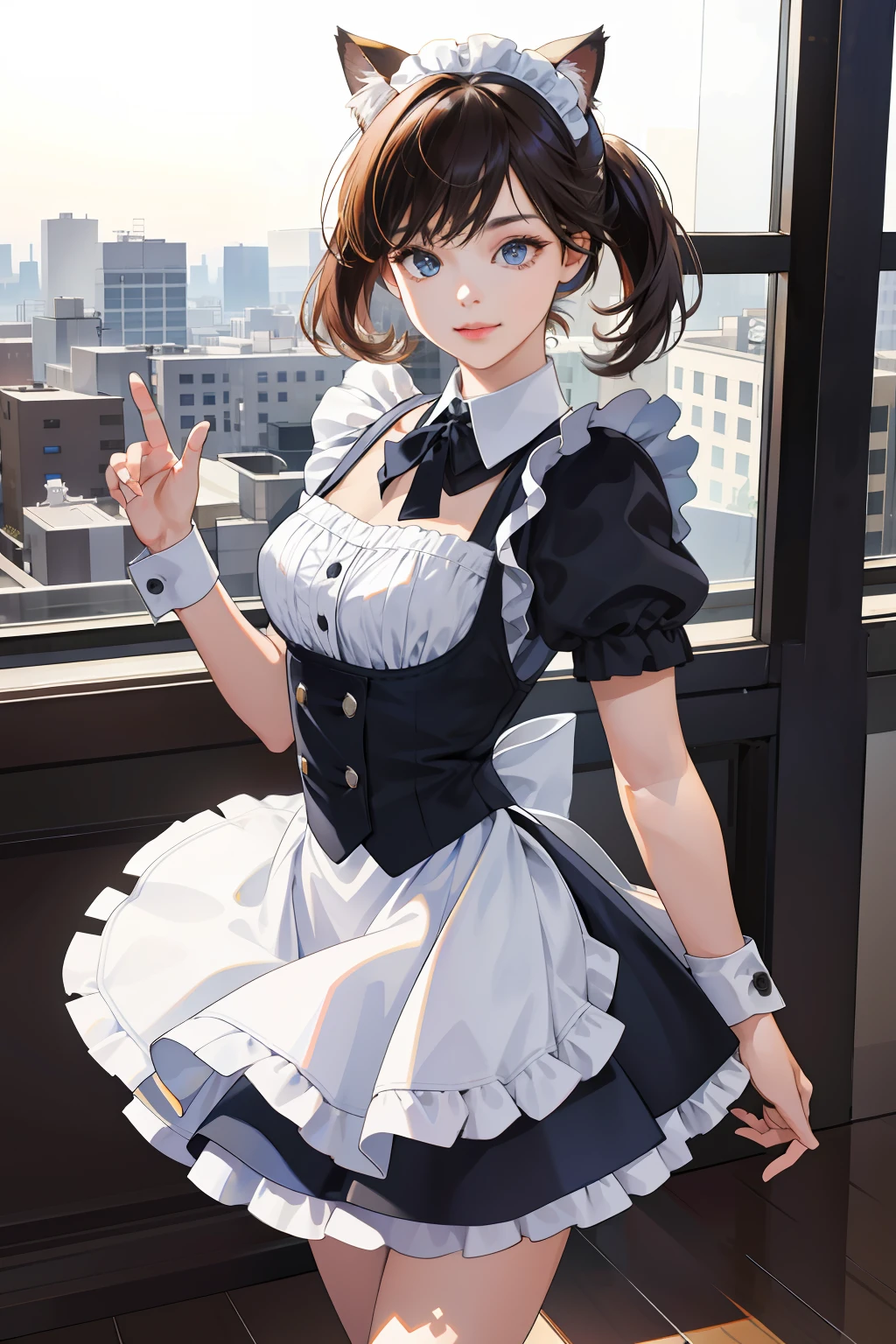 best qualtiy, tmasterpiece, 1girll, beauitful face, (photograph realistic:1.3), edge lit, (highdetailskin:1.2), 8K UHD, digital SLR camera, high high quality, A high resolution, 4K, 8K, Bokeh, absurderes, Optimal proportions of four fingers and one thumb, (realisticlying:1.3), Cute 1girl, Wearing a maid outfit, mediuml breasts, short skirt,Playful and cute,good looking pose,Cat ears,dyna