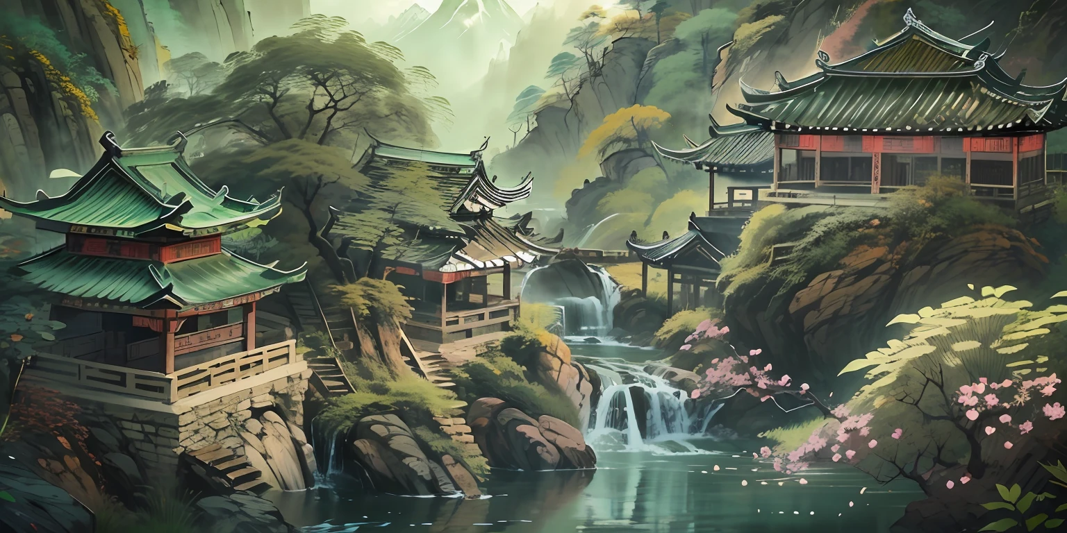 (super wide shot),(Best Masterpiece),8K,An ancient Chinese town nestled in the hills of the mountains,Densely wooded,The leaves are verdant,The stream is babbling,The visuals are beautiful and beautiful,full of sunlight,Spring view,rich greenery,green leaf,green waters,Green trees