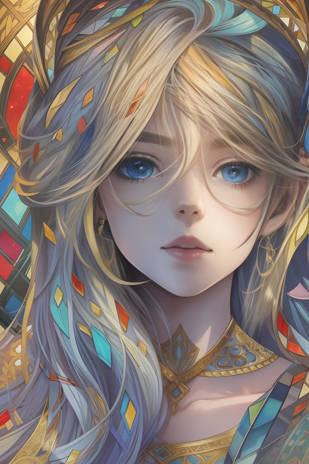(masterpiece), (illustration), (best quality:1.3), absurdres, highres, BREAK one girl, from side,looking at viewer, flirtatious glance BREAK Create an artwork in the style of stained glass, with vibrant colors, intricate patterns, and a sense of light and transparency., accurate anatomy, indoor, (very cute girl, face focus:1.4), barrette, blue eyes BREAK long (blond) hair, earrings, dynamic pose,