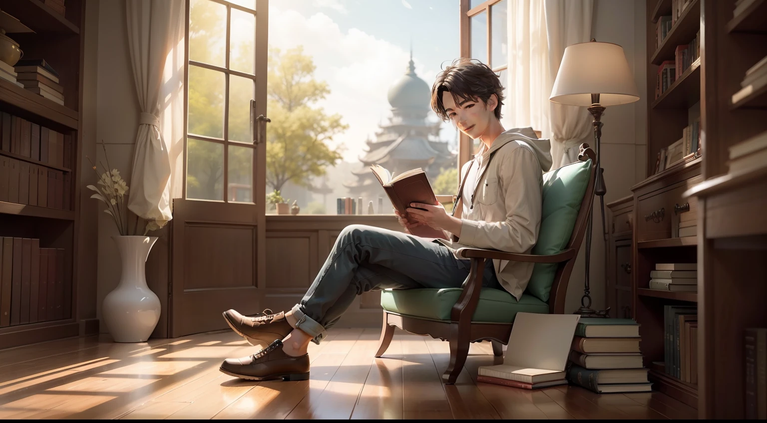 One depicts a young man or child sitting in a comfortable chair,Holding a beautiful book in his hand,With a smile。The surroundings may be a welcoming library or a sunny outdoor setting。The shelves are filled with a wide variety of books,It represents the endless possibilities of knowledge。Sunlight spills onto the floor through the windows,Illuminates the reader and the book,It symbolizes the enlightenment of knowledge and the ignition of inner self-drive。