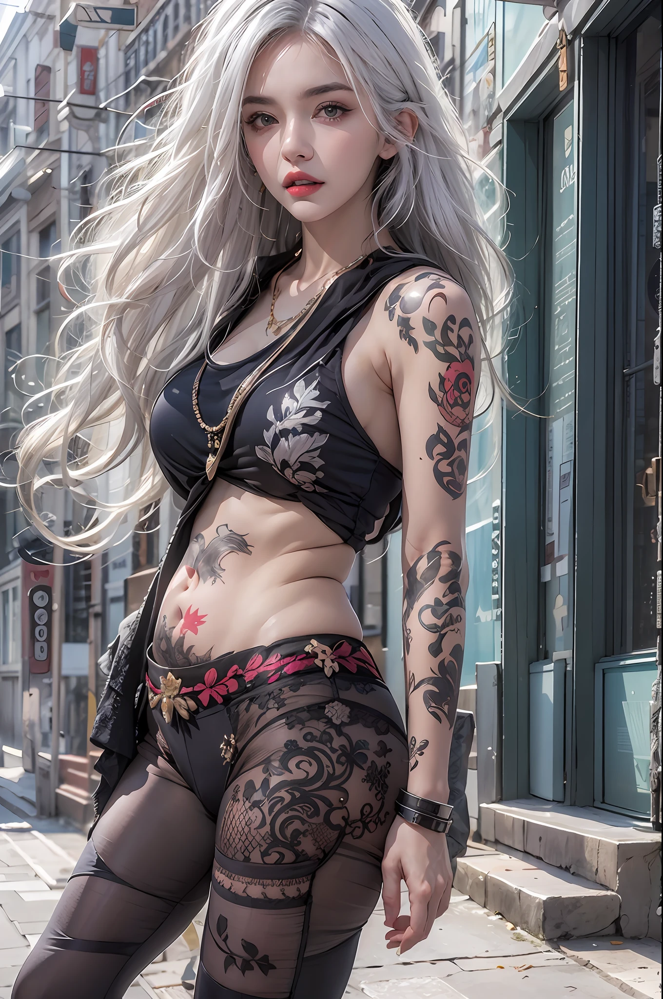 photorealistic, high resolution, 1women, solo, hips up, look at viewer, (detailed face), white hair, long hair, street wear, jewelry, belly tattoo