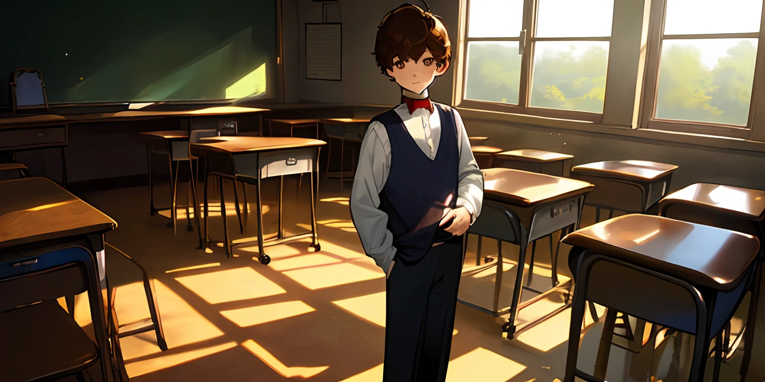 (masterpiece、top-quality)、Lens Flare、1 baby boy、Male Focus、Classroom、5 Men、desk、inside the house、The shirt、School machine、A dark-haired、Brown hair、short-haired、White shirt、a chair、window、shirt with collar、student clothes、is standing、short-hair、underpants、long-sleeve、black trousers、chum