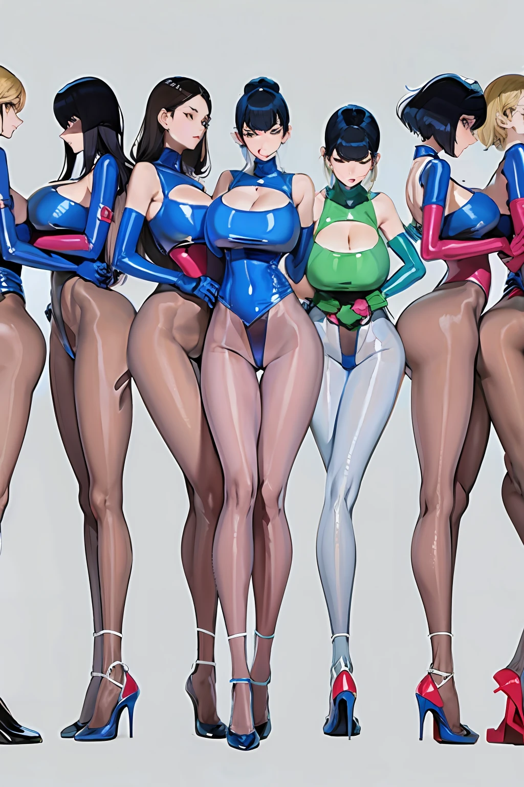 full bodyesbian,Nine women,Stand in a row,One-piece tights,Conjoinment,Blue latex set,Standing on the ground,huge tit,Slim,long leges,Stand up straight,nothing background,Slim,extra long leg,Insert the lower body,Exhibited,Mannequin,
