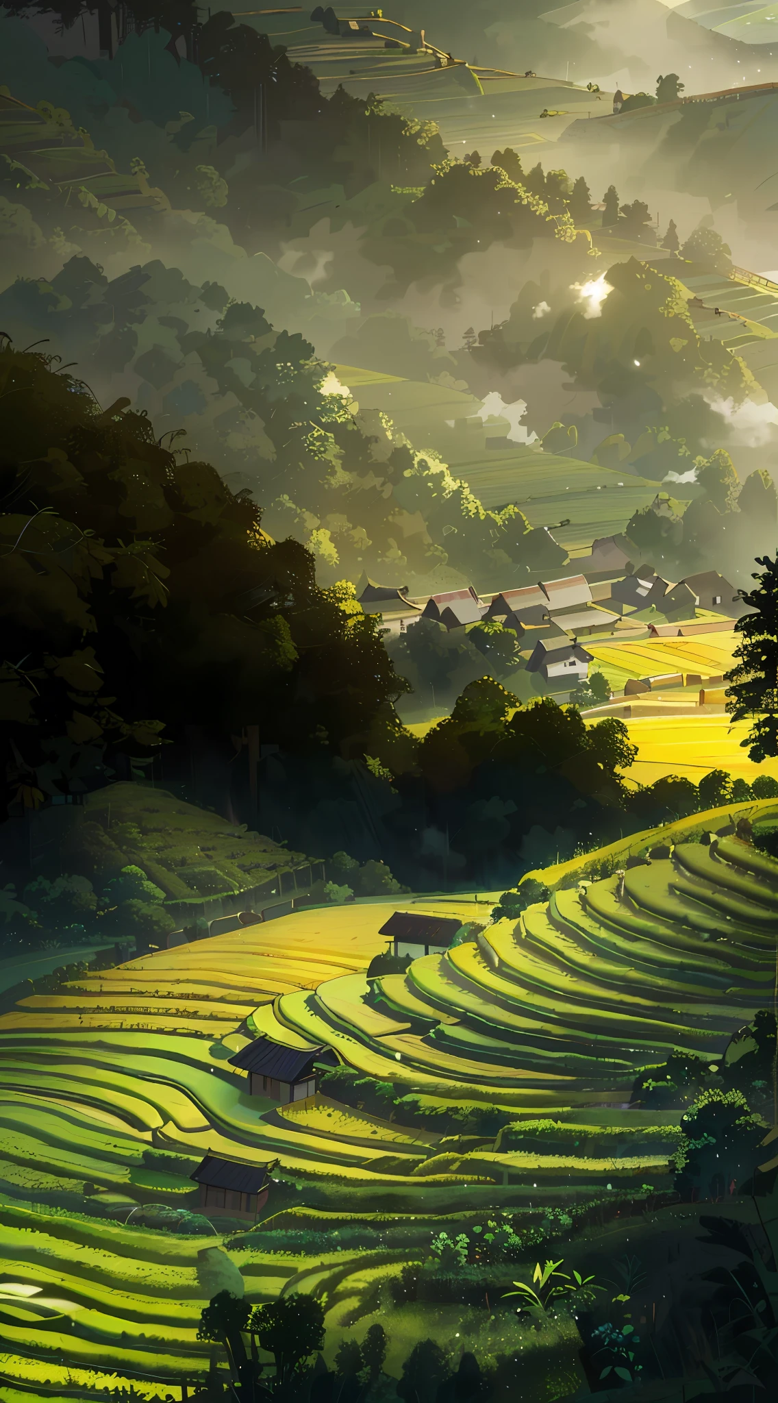 Large expanses of terraced fields, mountains, huts, with rice fields, rice fields, neat rice seedlings in the fields, misty rain, villages, agriculture, in the tranquil landscape, misty weather, in the vast tranquil landscape, in the early morning, in the morning mist, behind a small village, mist, Japanese countryside, thatched roofs --v 6