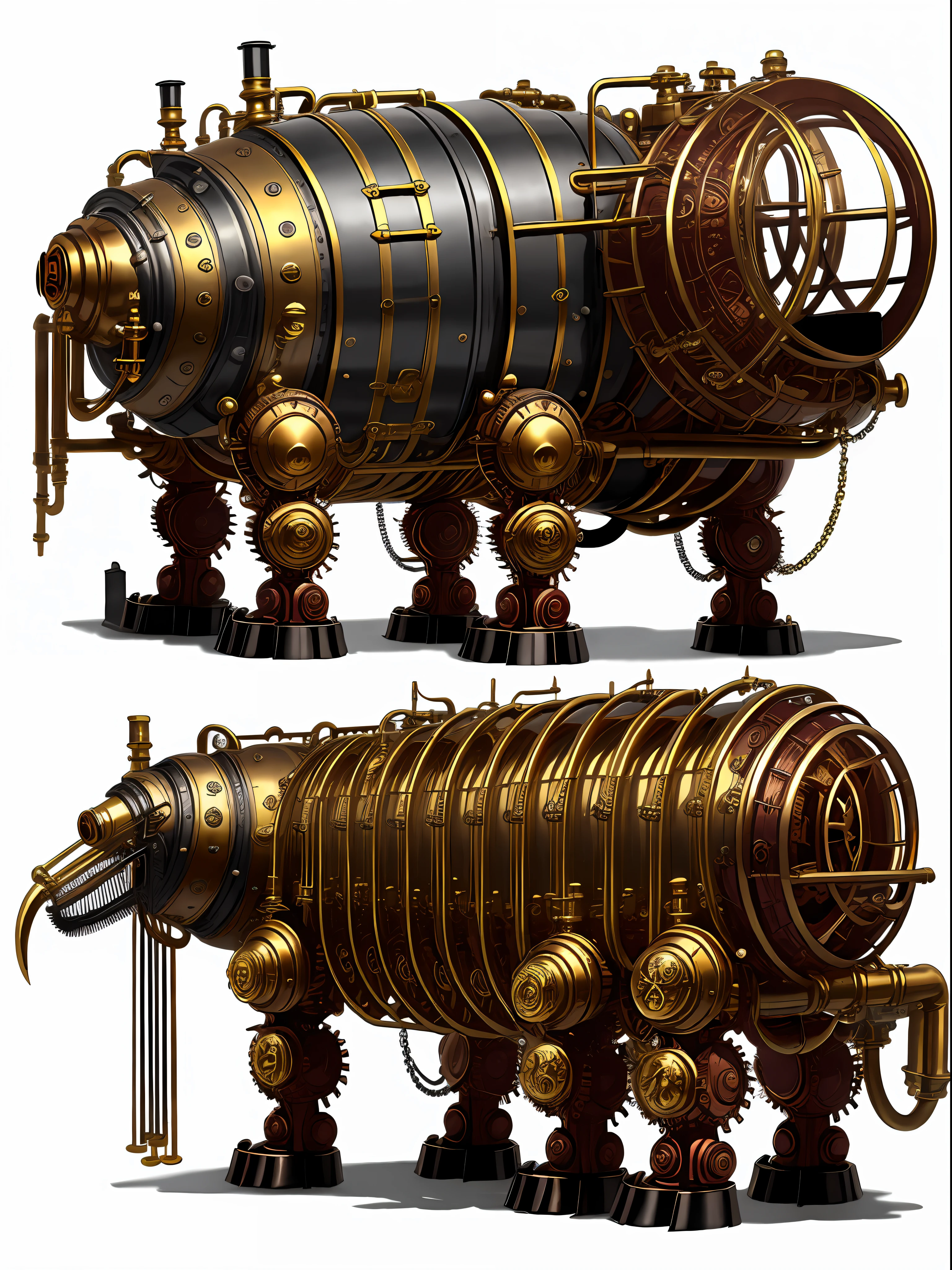 Steampunk Monster School Bus、from side view、brass、steel、Great photos of pipes、White background