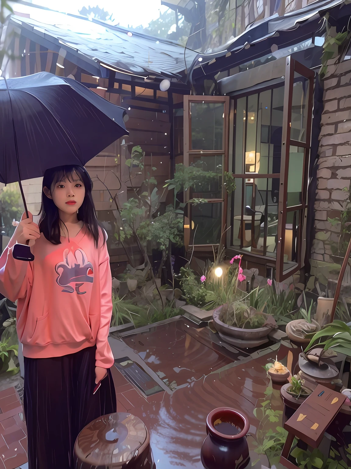 "In the rain,There was a woman holding an umbrella in the courtyard,She stood outside the house,In the garden in front of the house。The rain fell in the ancient garden behind her,Raindrops gently lap the ground on a rainy night,It creates a mysterious and beautiful picture。light smile, black hair, character chart, zoom layer, rococo style, Tonalism, cinematic lighting, sparkle, god rays, best quality, textured skin, masterpiece"