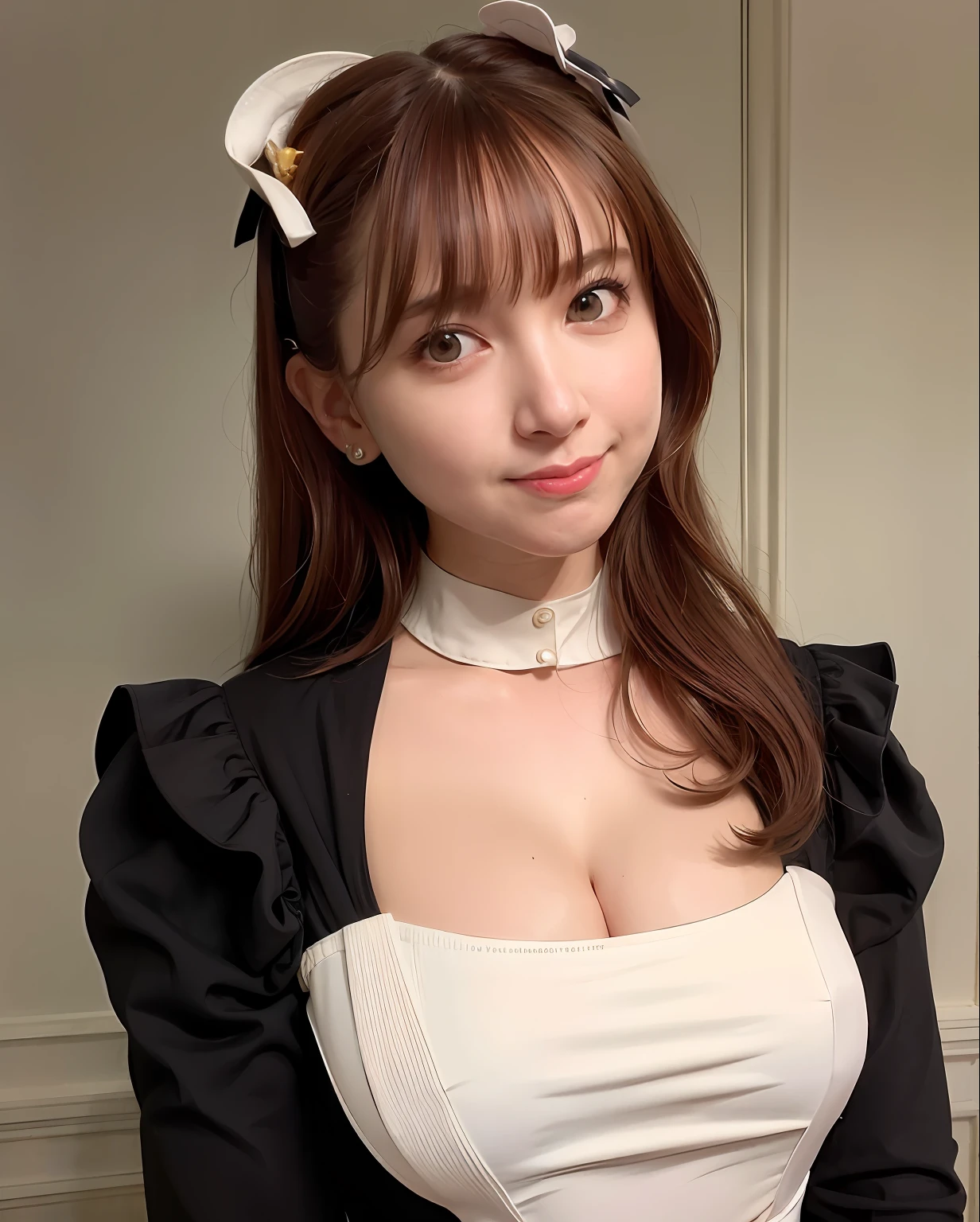 best quality, photorealistic, 8k, high res, 1girl, woman, (skindentation), (professional lighting), (portrait:0.6), (maid dress:1.897), gorgeous, ((brown hair)), (medium hair:1.6), (flowing hair:1.4), (1girl eyes looking at viewer:1), ((looking at viewer:1.6)), (1girl looking at the camera), photorealistic, (bokeh), (portait:0.6), (dynamic pose:1.2), masterpiece, intricate, realistic, sharp focus, award-winning photograph, sfw, (smile:1),