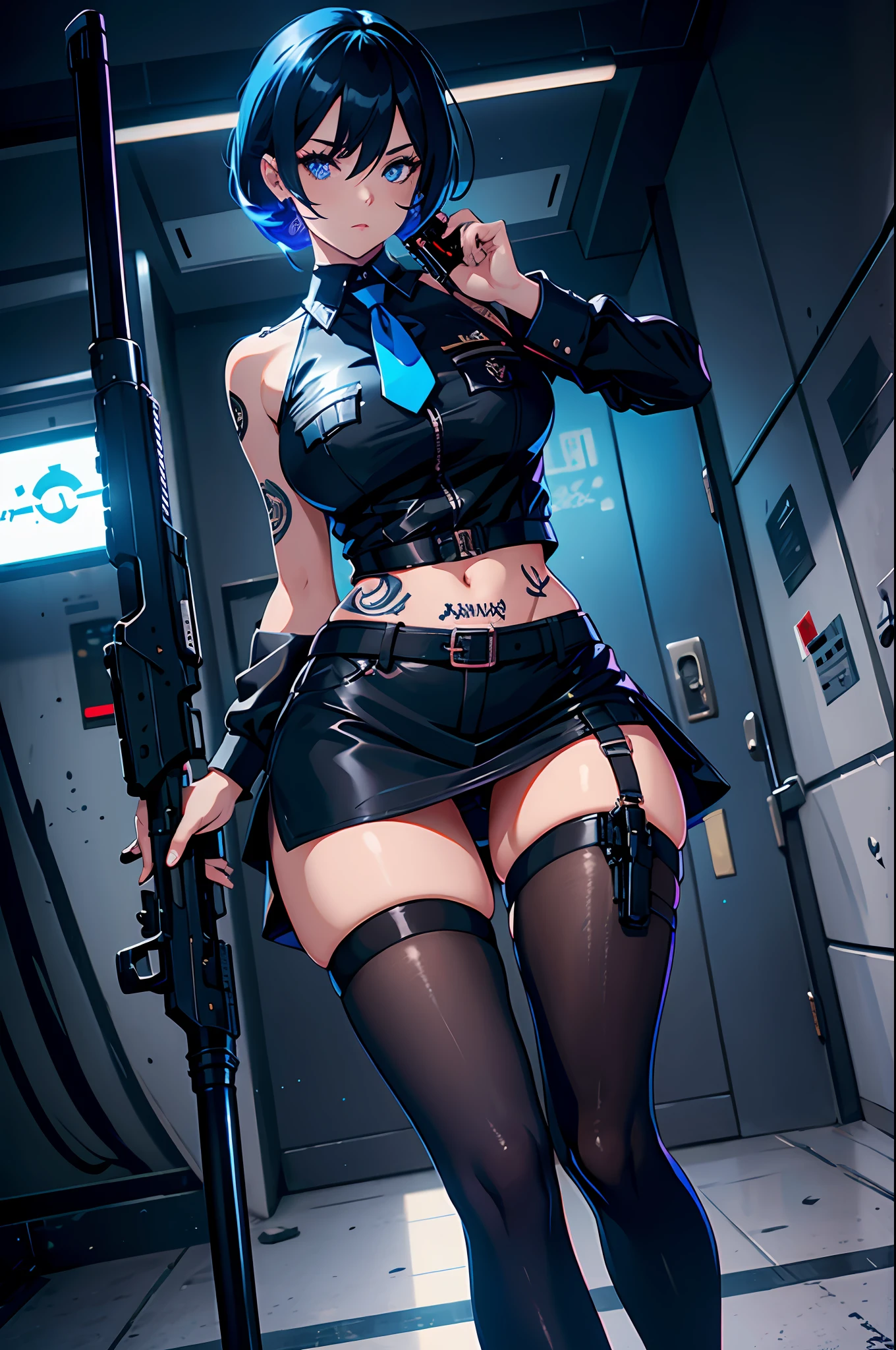 one-girl，police officers，Extra short skirt with hips，black pantyhoses，nabel，Tattooed with，high-heels，full bodyesbian，Cool action，holding gun，blue luminous eyes，Bright scene