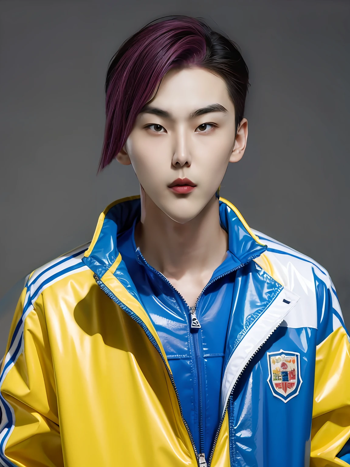 A Chinese male high school student,Wear PVC color casual sportswear,There are zippers