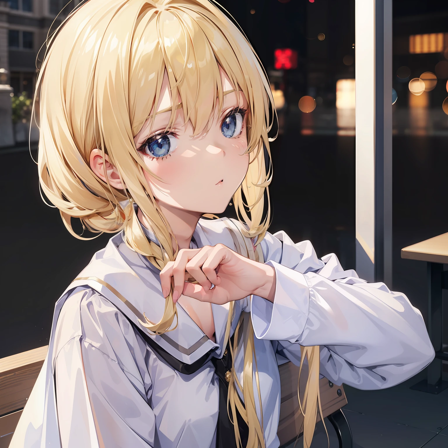 1girl, blonde hair, school uniform, sitting on a bench, waiting for the bus, bus station, city background, perfect eyes, perfect hands, ultra high res, cinematic angle, professional lighting, best quality, masterpiece, sidelighting, sharp, perfect focus, bokeh, photorealistic, (finely detailed beautiful eyes: 1.3), realistic, (3d face:1.1), (lustrous skin:1.5), (ultra high res intricate face details), (face skin pores:1.3), ultra high res cloth texture, 8k eye details, 8k pupils,