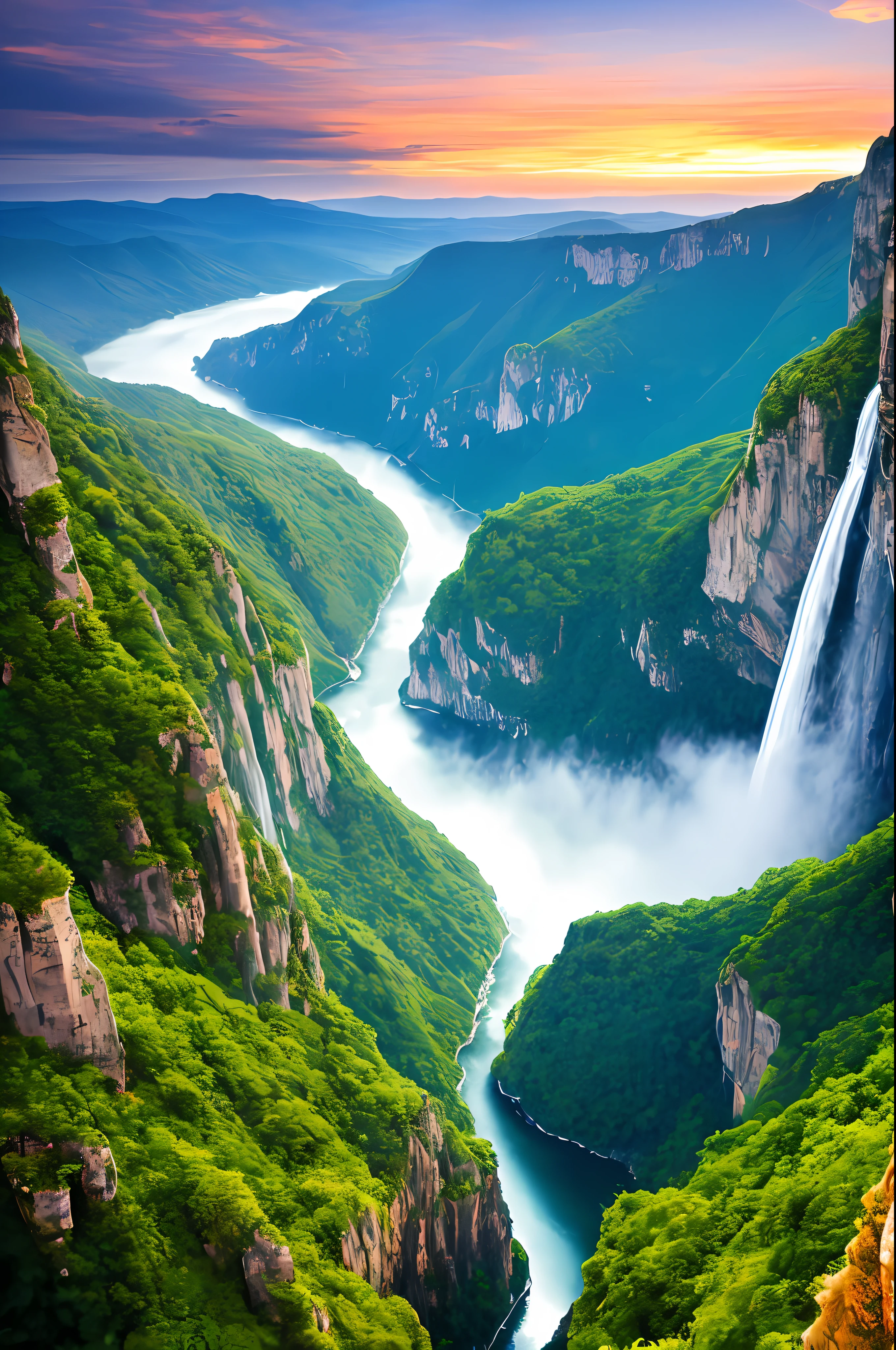 Masterpiece, ultimate quality, Cg unity 8k wallpaper, super delicate, beautiful sky and clouds, rich natural scenery, cliffs, lakes and rivers, waterfalls and flying water, beautiful green mountains, no trace of people, excellent scenery, has already won a photo contest, background Blurring, full depth of field, HDR high dynamics, true restoration, intricate, extreme details, dramatic presentation, perfectly presenting the style of midjourney art.