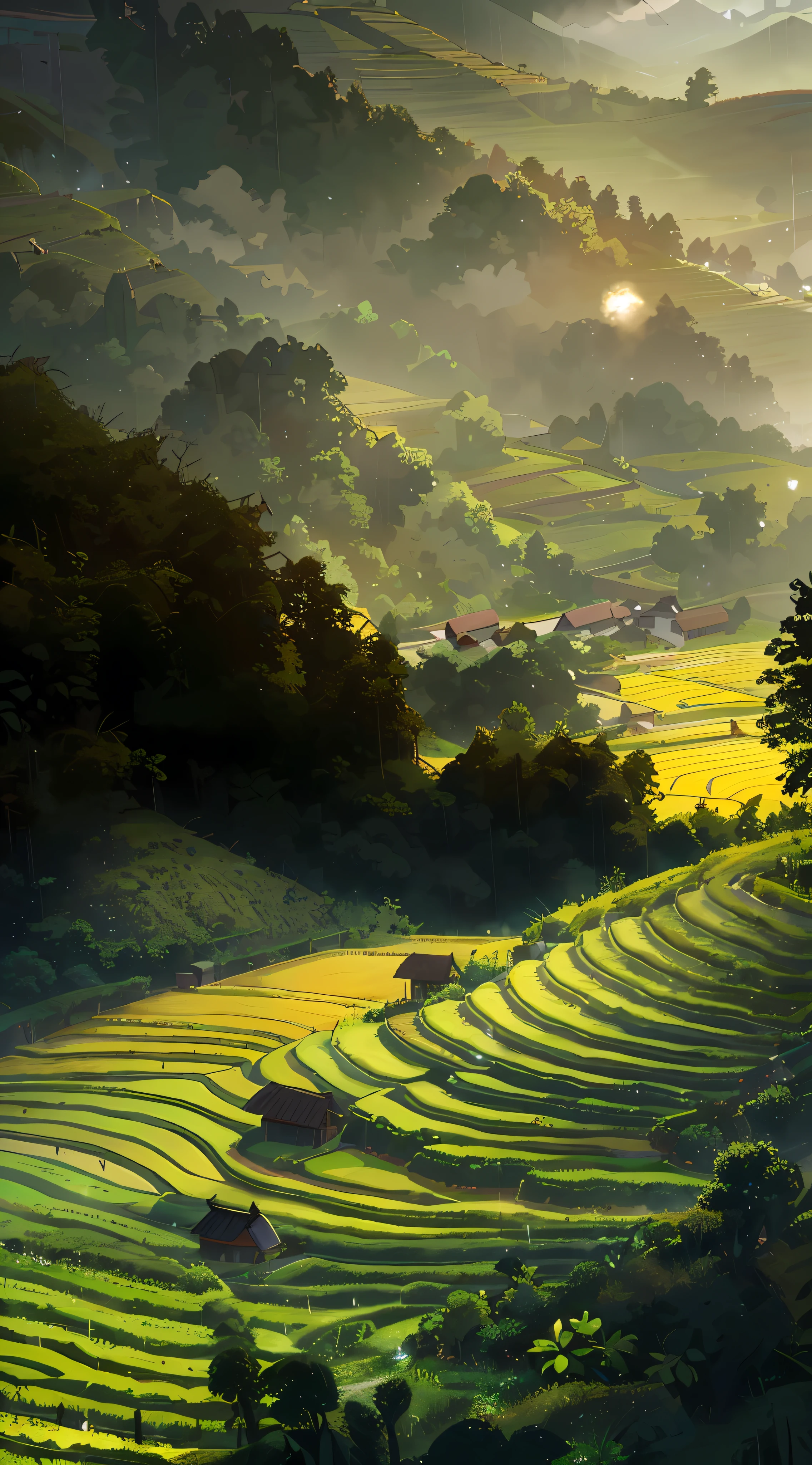 Large expanses of terraced fields, mountains, huts, with rice fields, rice fields, neat rice seedlings in the fields, misty rain, villages, agriculture, in the tranquil landscape, misty weather, in the vast tranquil landscape, in the early morning, in the morning mist, behind a small village, mist, Japanese countryside, thatched roofs --v 6