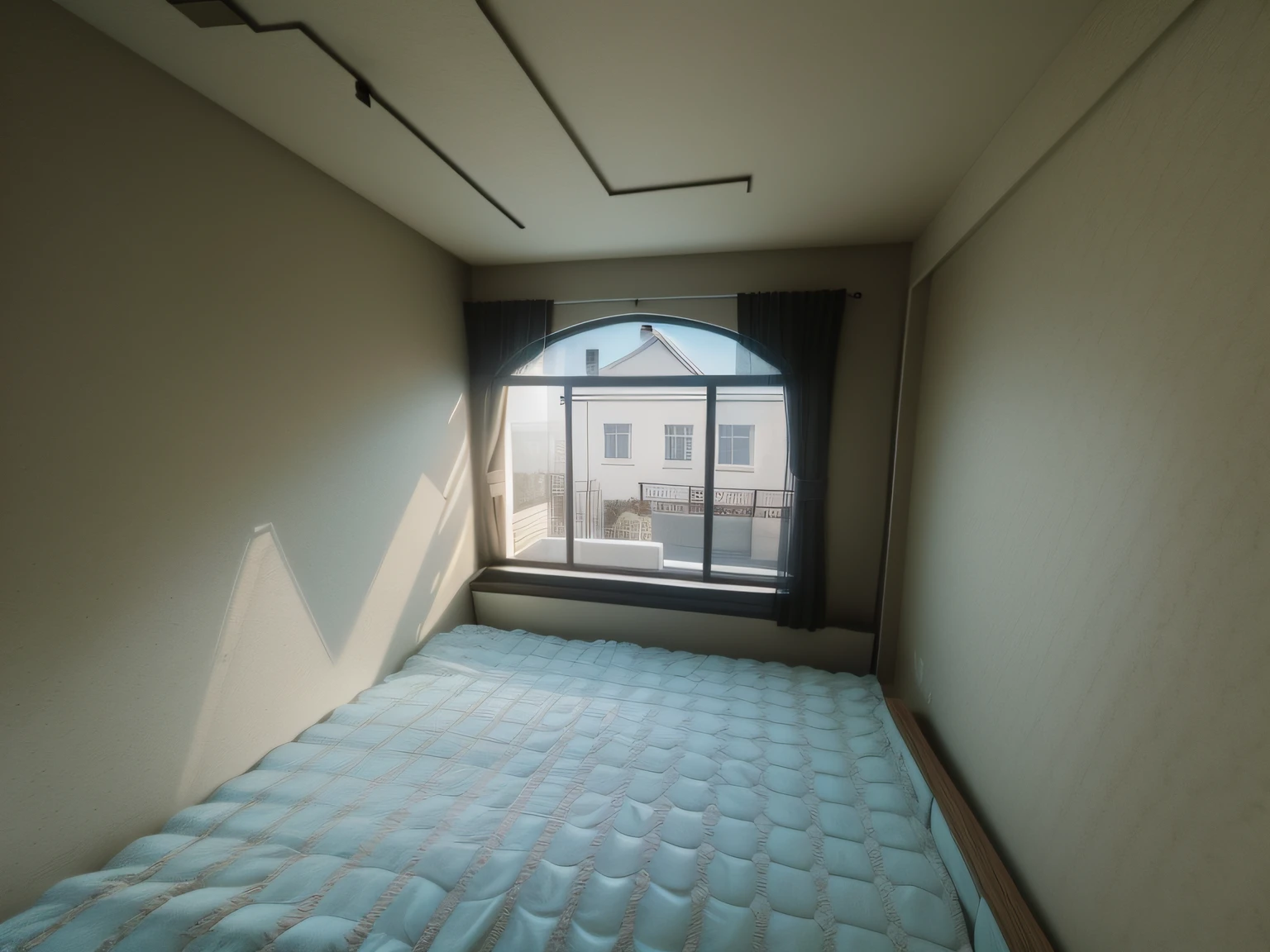 bedroom view，Equipped with a double bed and bedside tables, modernsimplicity, Indoor bedroom, Double eyelid ceiling，Wall small hill lights，elegant and refined, fresh modern look, Cosy bedroom, minimalistic and beautiful, high quality rendering, Bedrooms, Imitation solid wood floor, realistic 3 d style, excellent 3d render, 8k vray render
