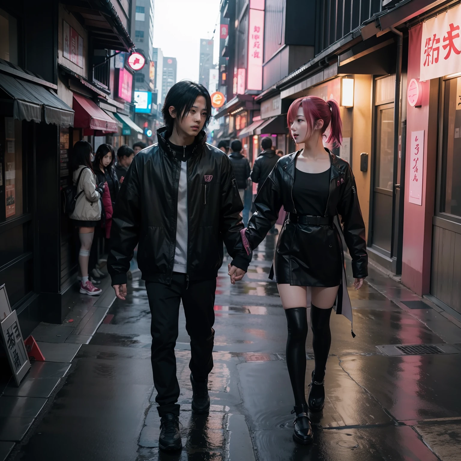 Sasuke and sakura walking together in cyberpunk theme, cyberpunk city street background, realistic, 8k, RAW photo, best quality, masterpiece, high detail RAW color photo,