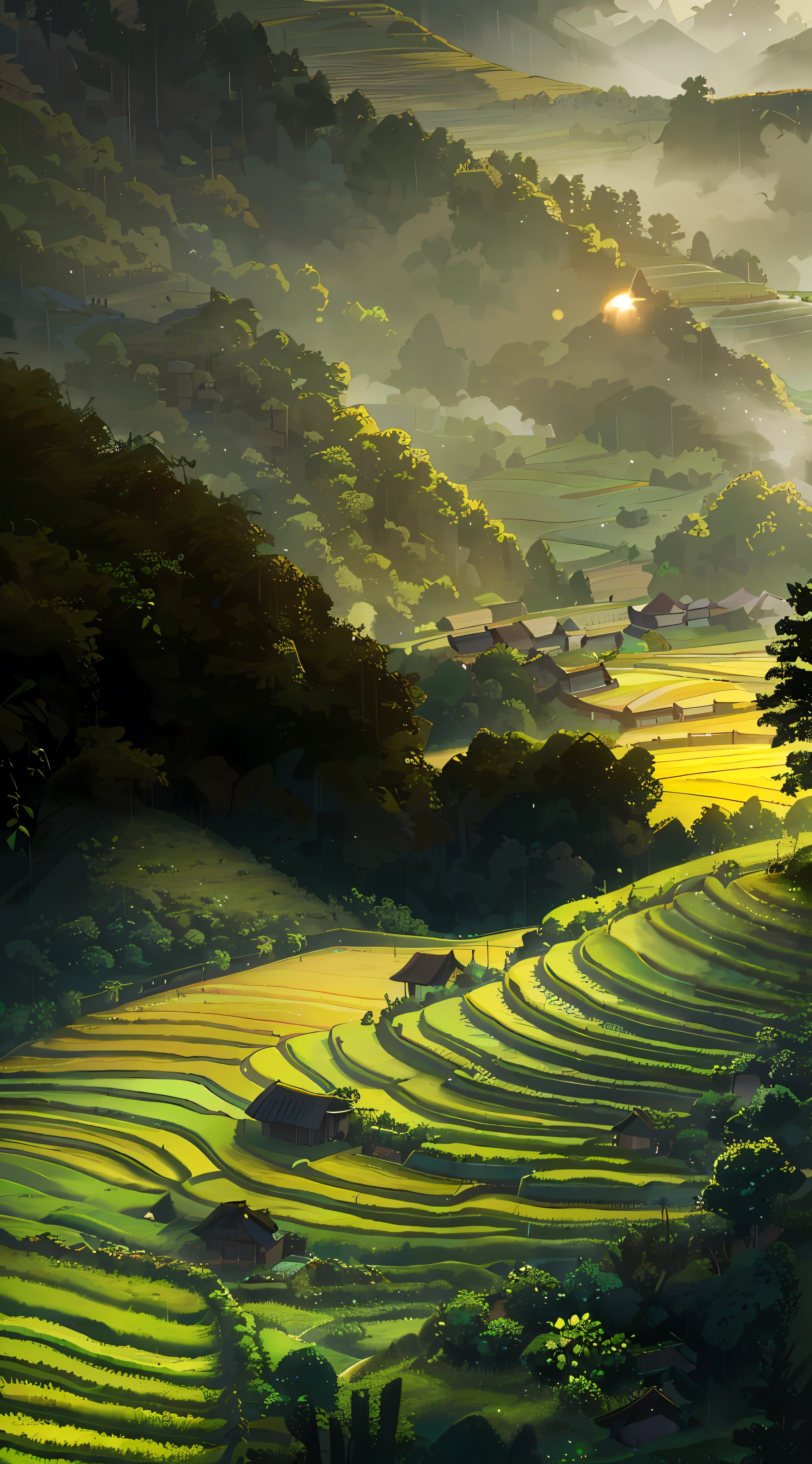 Large expanses of terraced fields, mountains, huts, with rice fields, rice fields, neat rice seedlings in the fields, misty rain, villages, agriculture, in the tranquil landscape, misty weather, in the vast tranquil landscape, in the early morning, in the morning mist, behind a small village, mist, Japanese countryside, thatched roofs --v 6