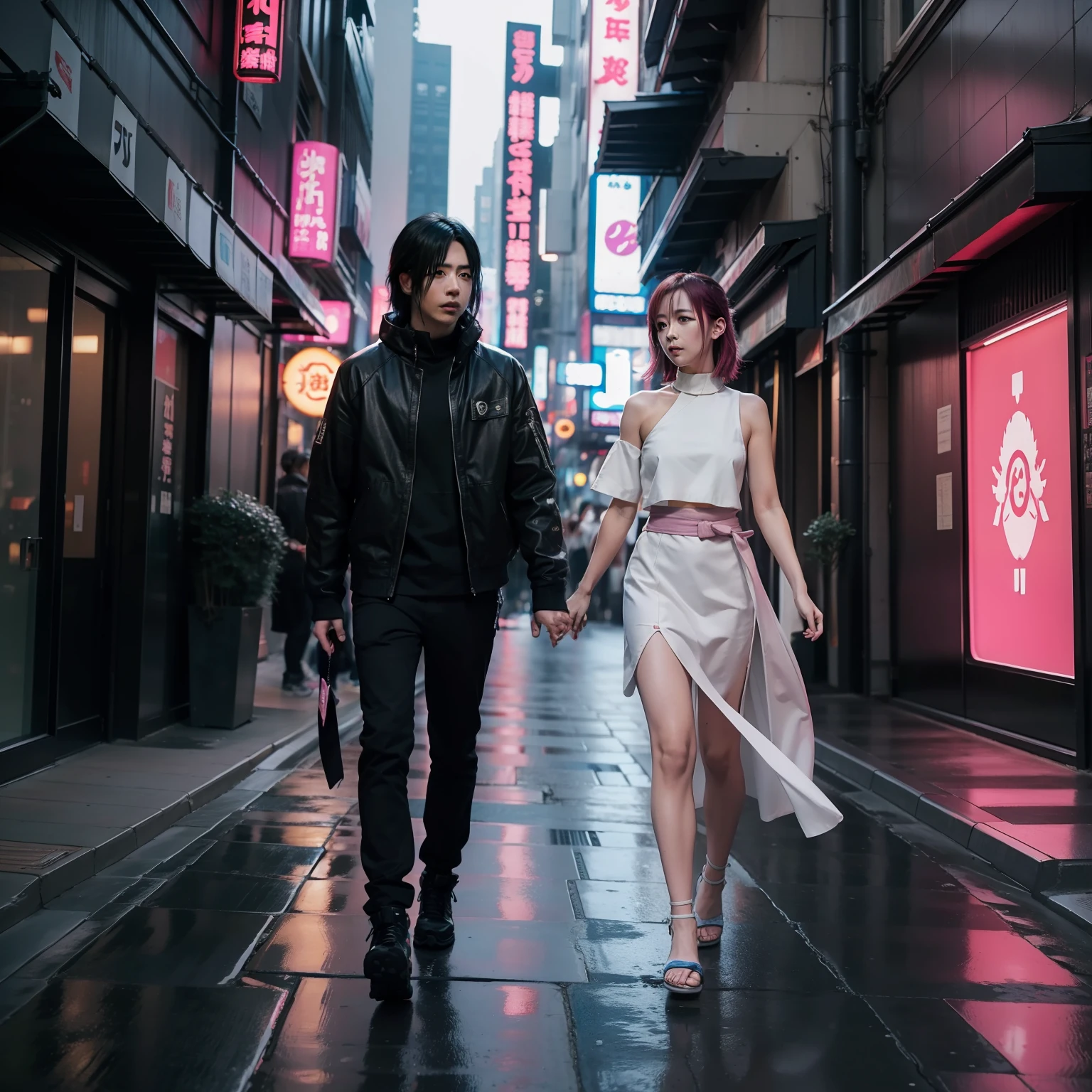 Sasuke and sakura walking together in cyberpunk theme, cyberpunk city street background, realistic, 8k, RAW photo, best quality, masterpiece, high detail RAW color photo,