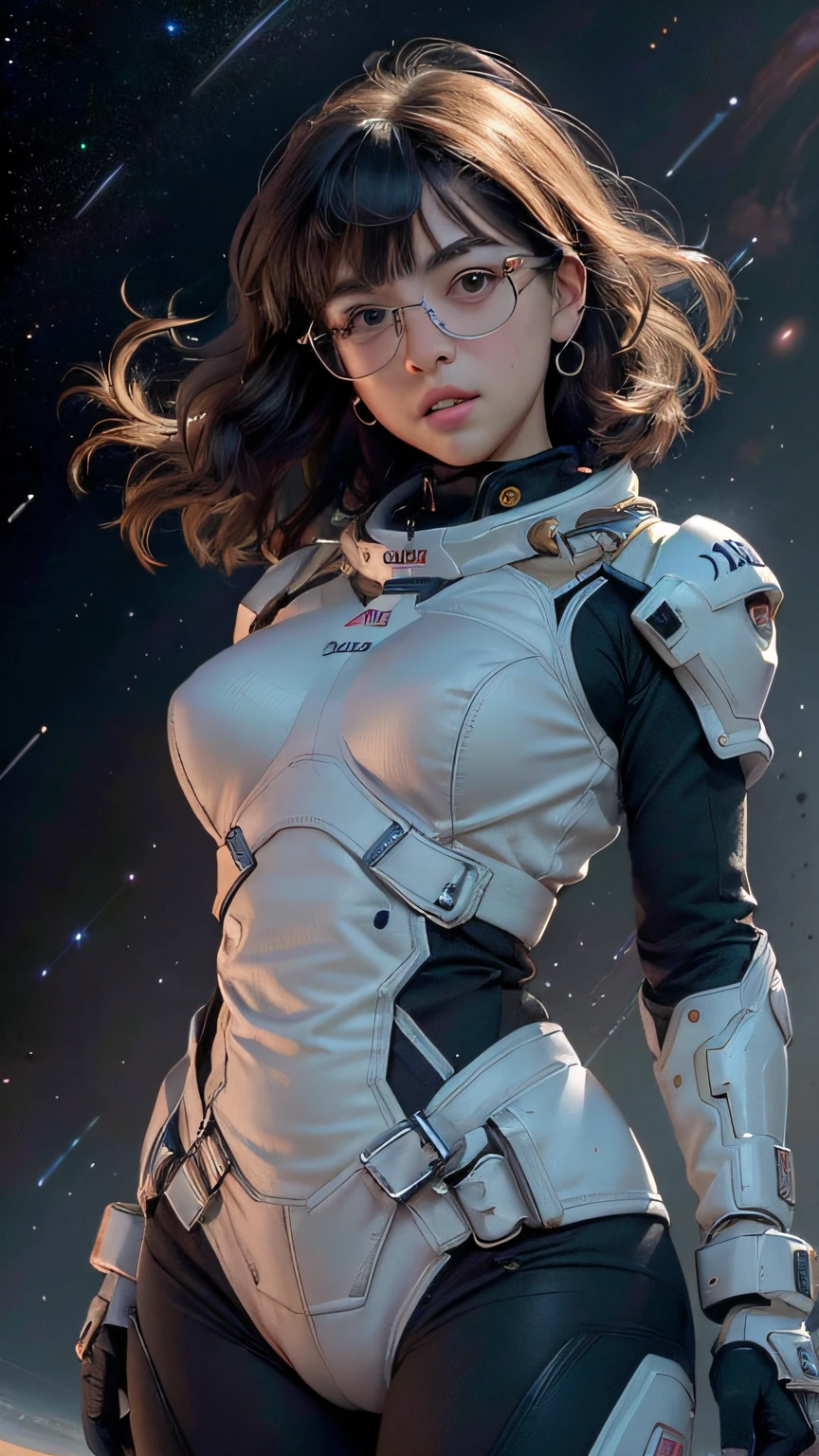 spacepunk, (Universe Background: 1.5, detailed background:1.25), (Isometric: 1.0), double exposure, (masterpiece, best quality:1.3), (highres:1.5), absurdres, ultra detailed, (1girl:1.3), (dynamic pose):1.0 BREAK, ((upper body image:1.3)), ((1 extremely cute and beautiful tearful girl taking a spacewalk at Universe)), stars, gas, star, starry, space, shooting star, crescent moon, hyper-space, (upturned eyes:1.3), (ear breathing), solo focus, starry night, (wearing a mechanical space body armor:1.3), (black wavy bob hair:1.35, bangs;1.35), (large-breasted:1.35), (fat:1.2), glasses, streaming tears, tearful, tears, sad, 7.5 life size, detailed clothes, detailed body, detailed arms, human hands, detailed hands, blush, open mouth, (look back:1.15), (thrust out one's hip:1.35), studio soft light, cinematic light, detailed background, realistic, ultra-realistic, masterpiece,