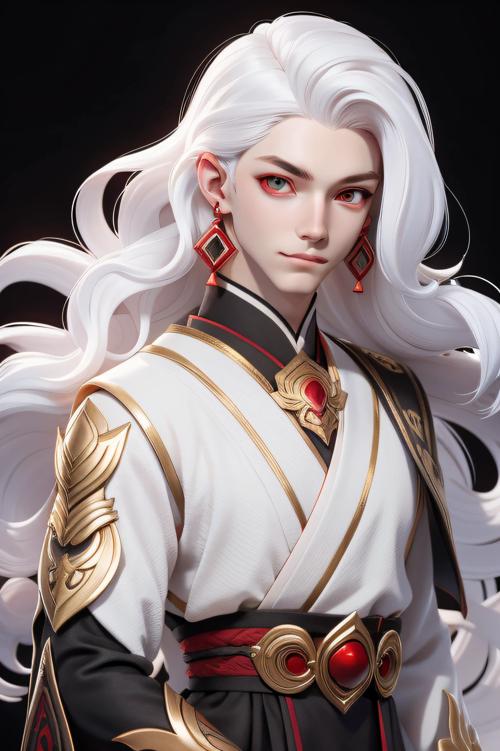 masterpiece, best quality, 1 boy, red eyes, pale skin, white hair, wavy hair, long hair, gold earrings, black japanese clothes, simple background, solo, upper body