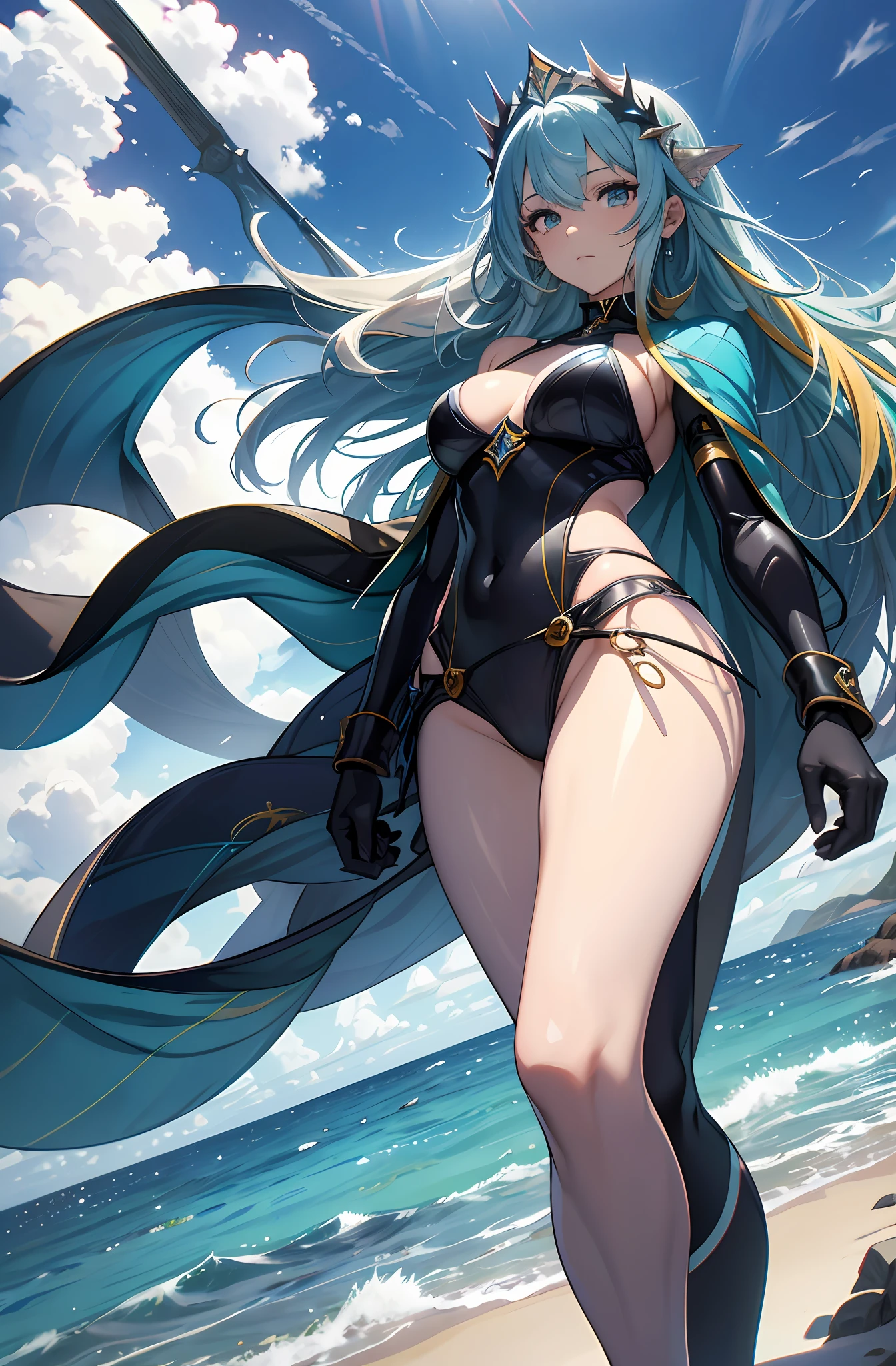 best qualityer,tmasterpiece,Ultimate resolution,downy,Extremely colorful,Colorful,Mermaid princess,cabellos largos dorados,a matural female,blue bikini,The kinky is exposed,The barefoot,the ocean,blue skinsuit,Normal posture