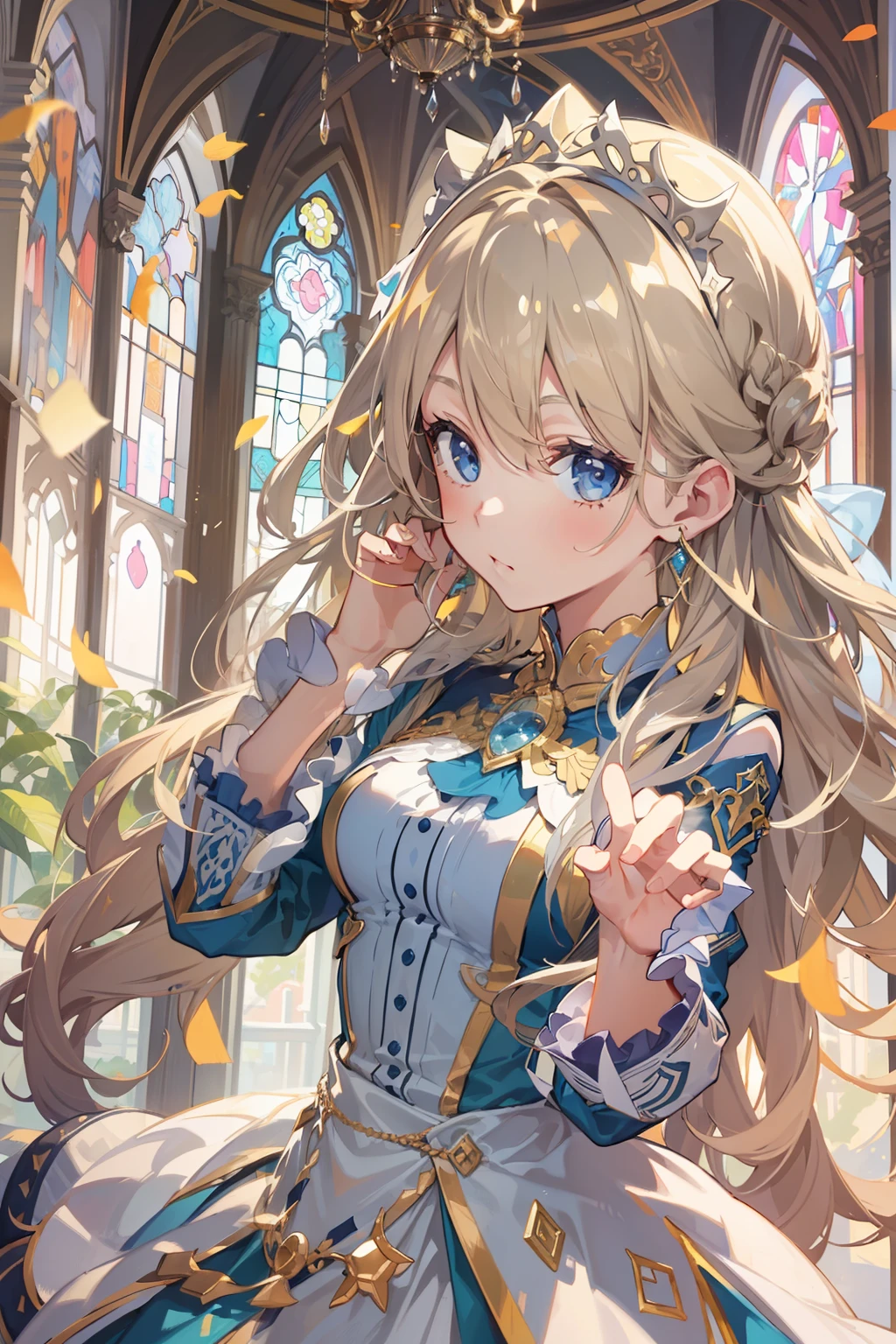 (masterpiece), (illustration), (best quality:1.3), absurdres, highres, BREAK one girl, from side,looking at viewer, flirtatious glance BREAK Create an artwork in the style of stained glass, with vibrant colors, intricate patterns, and a sense of light and transparency., accurate anatomy, indoor, (very cute girl, face focus:1.4), barrette, blue eyes BREAK long (blond) hair, earrings, dynamic pose,