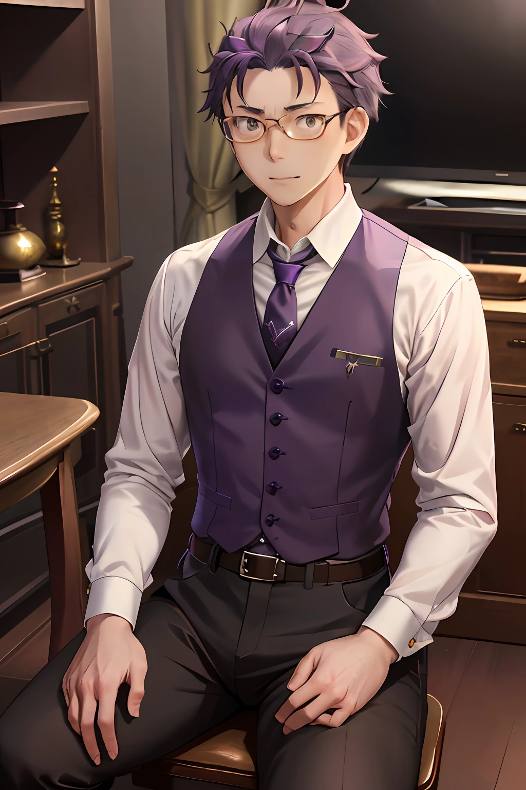 (1 Adult male),A high resolution, Sharp focus, Pixiv masterpiece, ((Complicated details)), highly detailed, natsuki_subaru, 1 man, with her mouth open,full bodyesbian,sit astride, Purple eyes(glowing light eyes), Short thin purple hair,white shirt,Wear a tie,Wear a belt,perspire,look from down