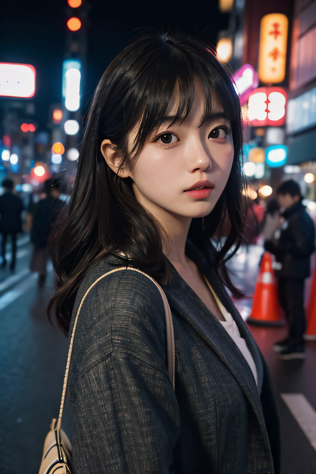 1girl, Tokyo street,night, cityscape,city lights, upper body,close-up, 8k, RAW photo, best quality, masterpiece,realistic, photo-realistic,