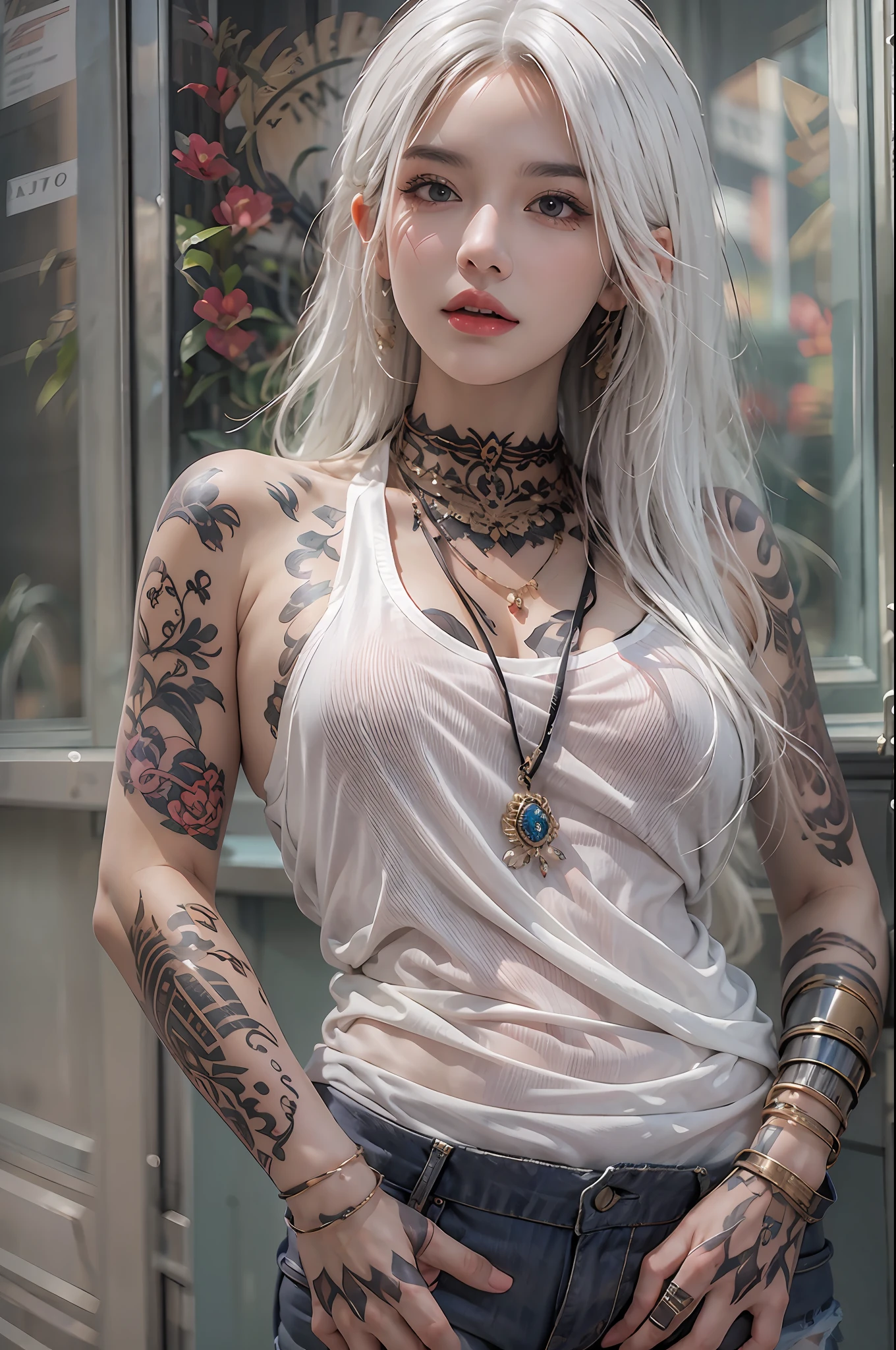 photorealistic, high resolution, 1women, solo, hips up, look at viewer, (detailed face), white hair, long hair, street wear, jewelry, belly tattoo