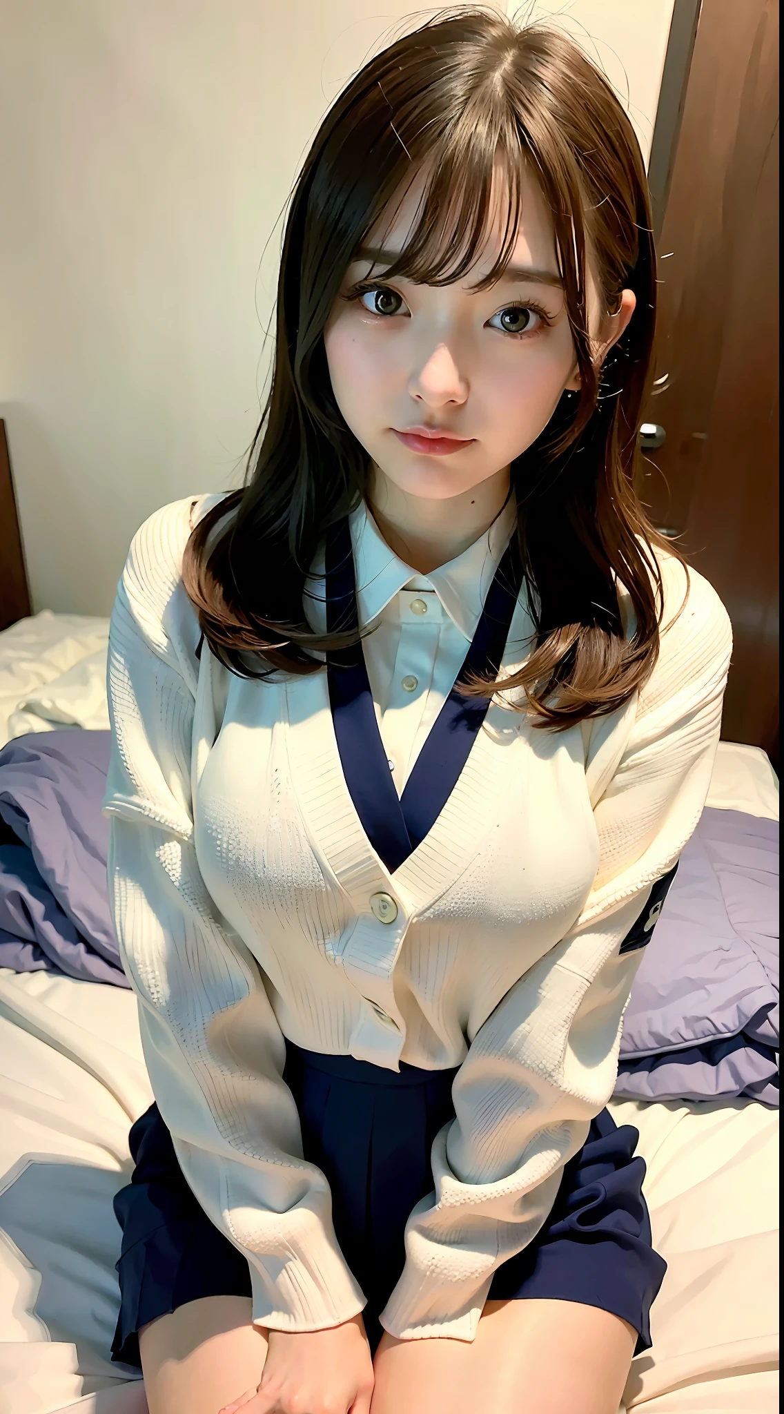 (((​masterpiece)))、(((realisitic)))、a beauty girl、ample breasts、((Uniforms and cardigans))、((Sitting on a bed in the room))、full bodyesbian