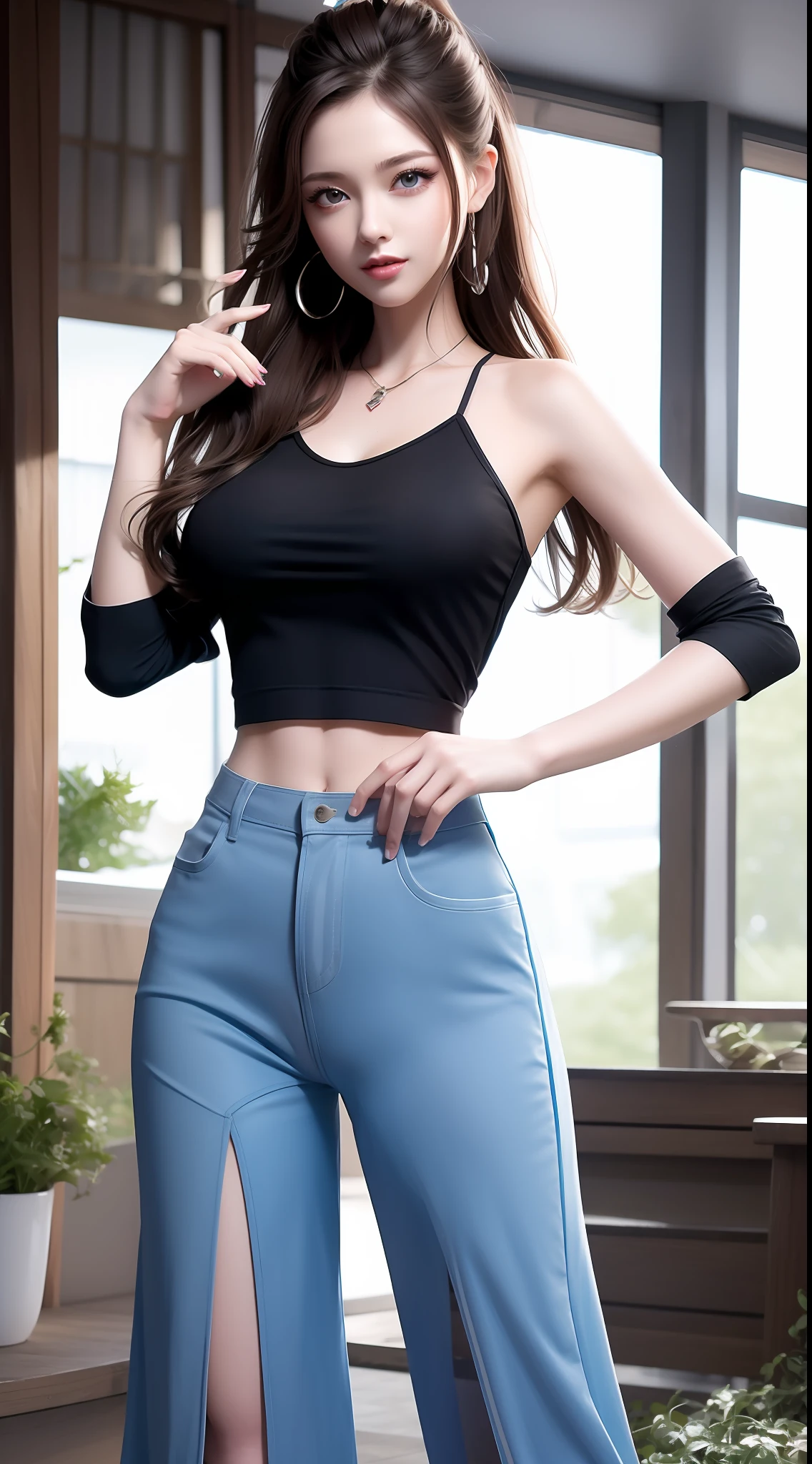 4k ultra hd, masterpiece, very high quality, a girl, age 20 years old girl, good face, smooth face, detailed eyes, beautiful hair, very long hair, hair band, cute look, modern dress, pink shirt, black jeans, morning background, buildings, sun lights, clear weather, stylish looking,