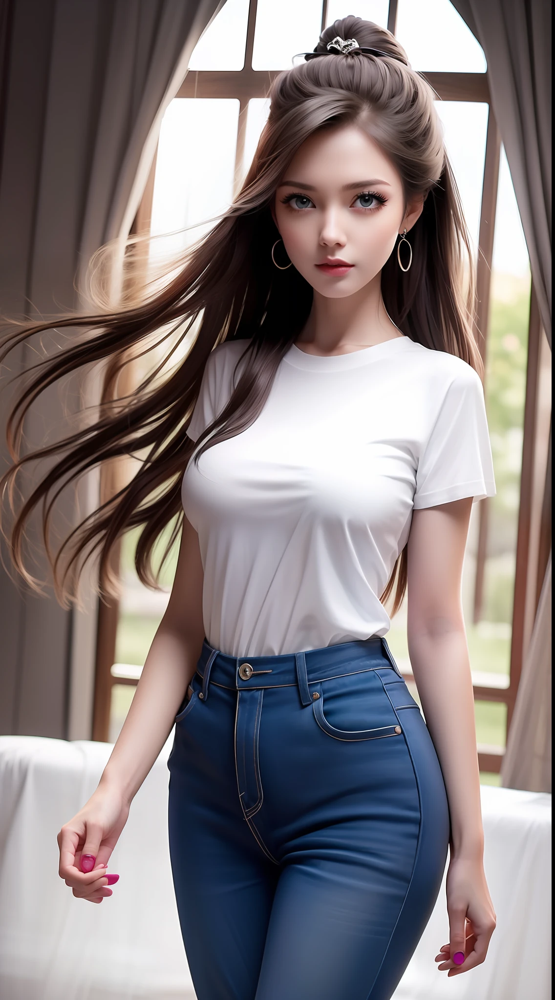 4k ultra hd, masterpiece, very high quality, a girl, age 20 years old girl, good face, smooth face, detailed eyes, beautiful hair, very long hair, hair band, cute look, modern clothes, pink shirt, black  jeans, good shoes, morning background, buildings, sun lights, clear weather, stylish looking,