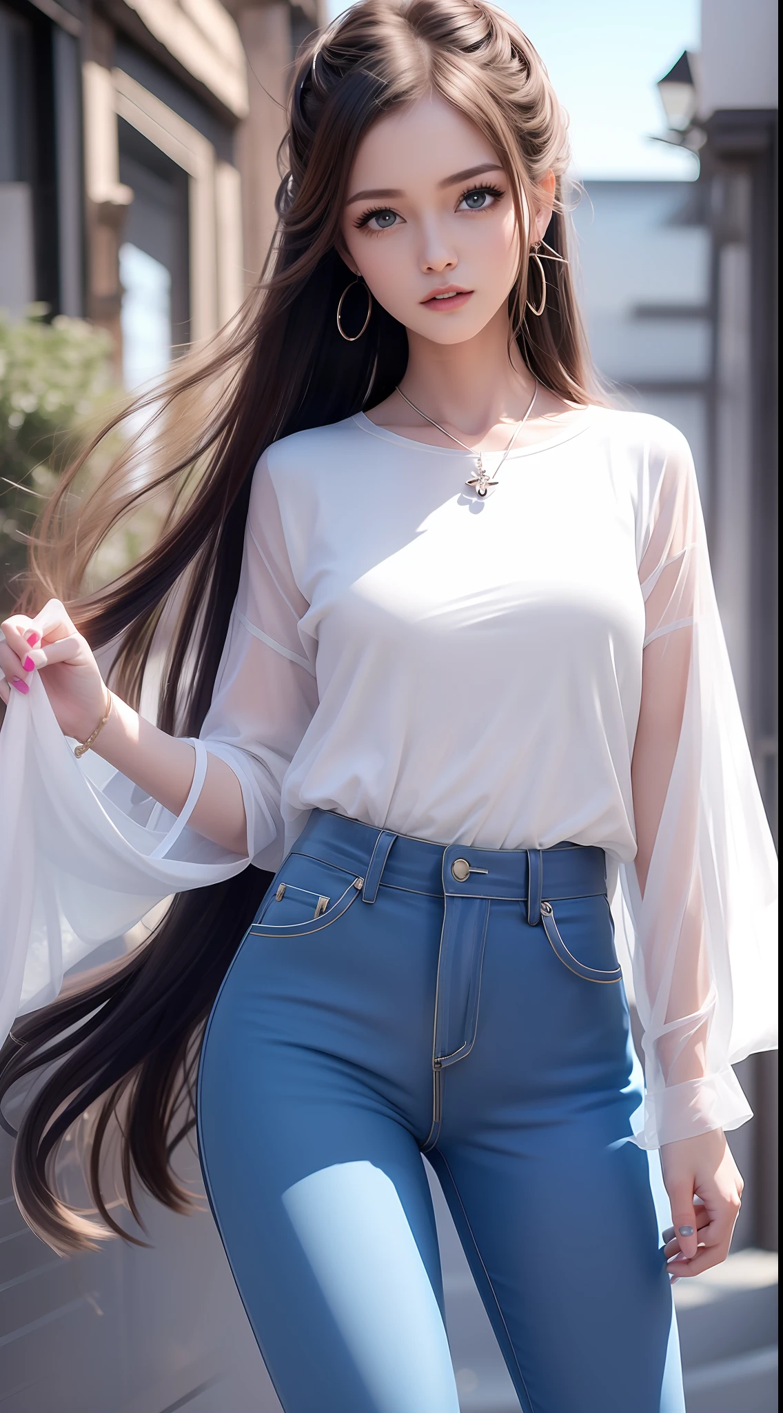 4k ultra hd, masterpiece, very high quality, a girl, age 20 years old girl, good face, smooth face, detailed eyes, beautiful hair, very long hair, hair band, cute look, modern clothes, pink shirt, black jeans, good shoes, morning background, buildings, sun lights, clear weather, stylish looking,