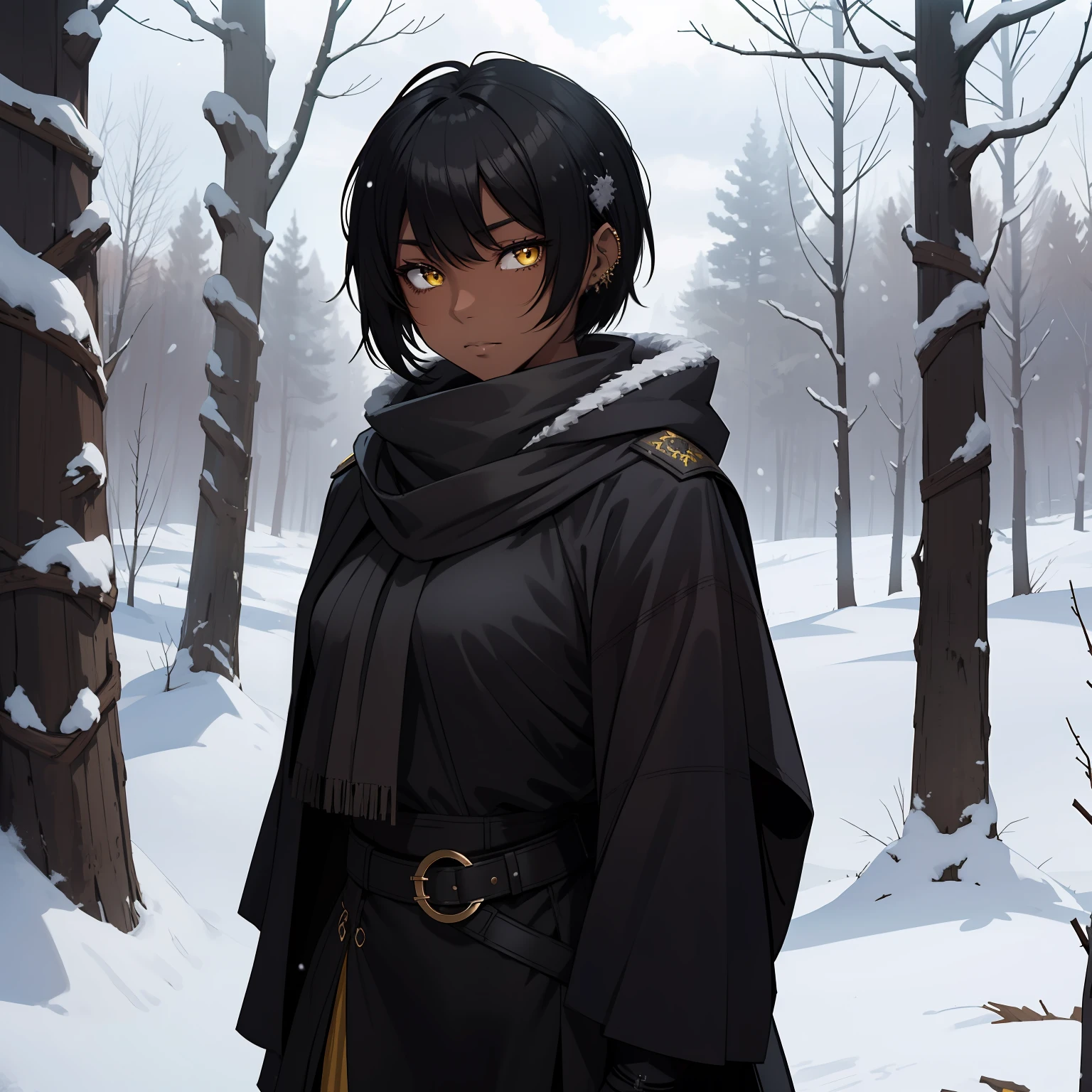 a 1girl, 独奏, desert, dark-skin, Black hair, Beautiful yellow eyes, Short Hair Hair, Long bangs, body piercings, military cloak, a scarf, cap, Deep forest, evening, snowing, winter, grey sky, clouds, Grey Sun, Poor lighting.