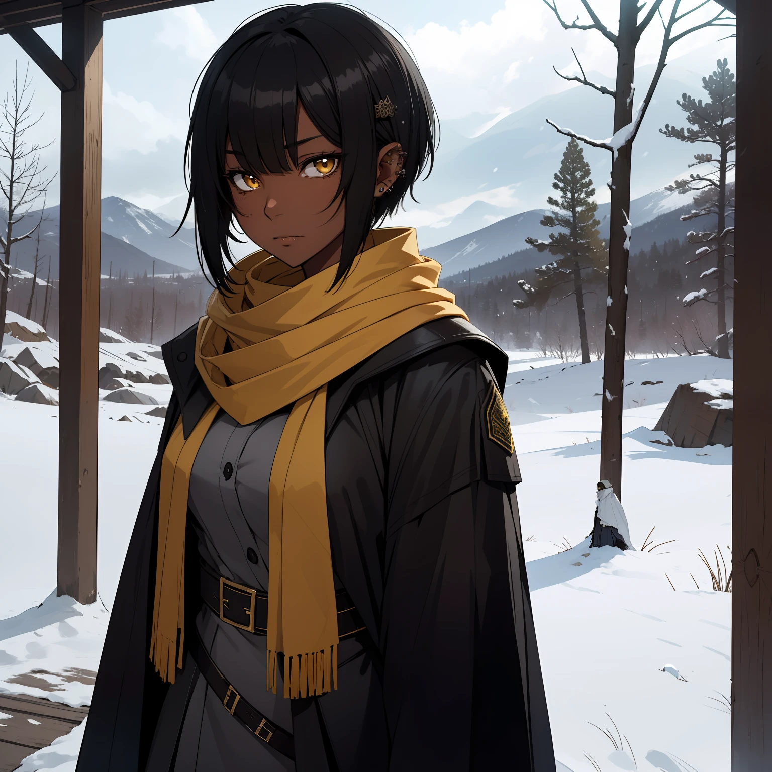 a 1girl, 独奏, desert, dark-skin, Black hair, Beautiful yellow eyes, Short Hair Hair, Long bangs, body piercings, military cloak, a scarf, cap, Deep forest, evening, snowing, winter, grey sky, clouds, Grey Sun, Poor lighting.