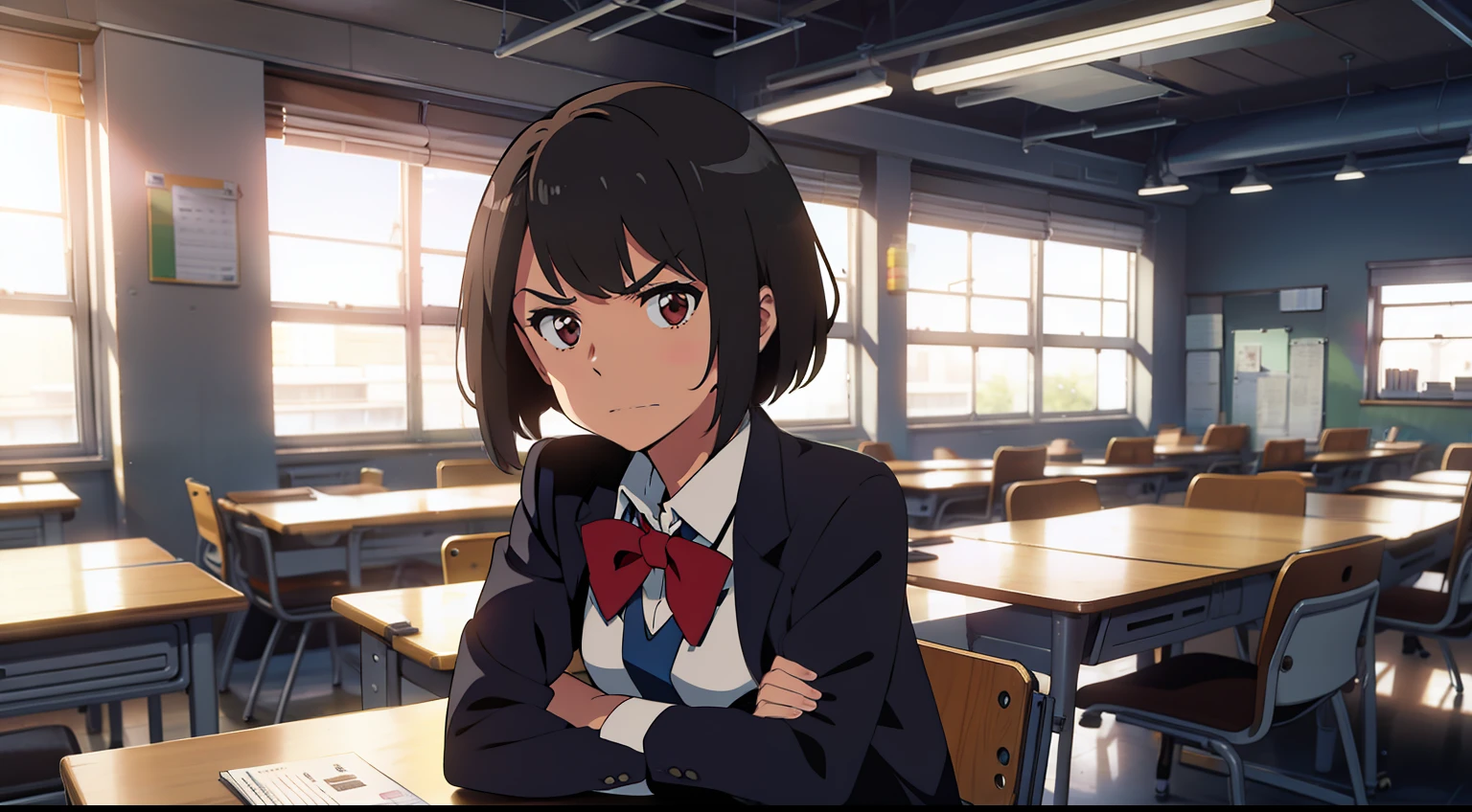 high school classroom,A cute girl with short hair,Sit at a desk,The expression is angry