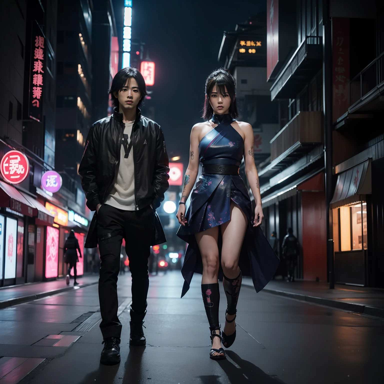 Sasuke and sakura walking together in cyberpunk theme, cyberpunk city street background, realistic, 8k, RAW photo, best quality, masterpiece, high detail RAW color photo,, (hard focus:1.4), (sharp focus:1.4), extreme detailed , (Professional lighting:1.2) High quality shadow , (amazing awesome exquisitely extremely finely hyper intricate super ultimate ultra wonderful detailed:1.4),