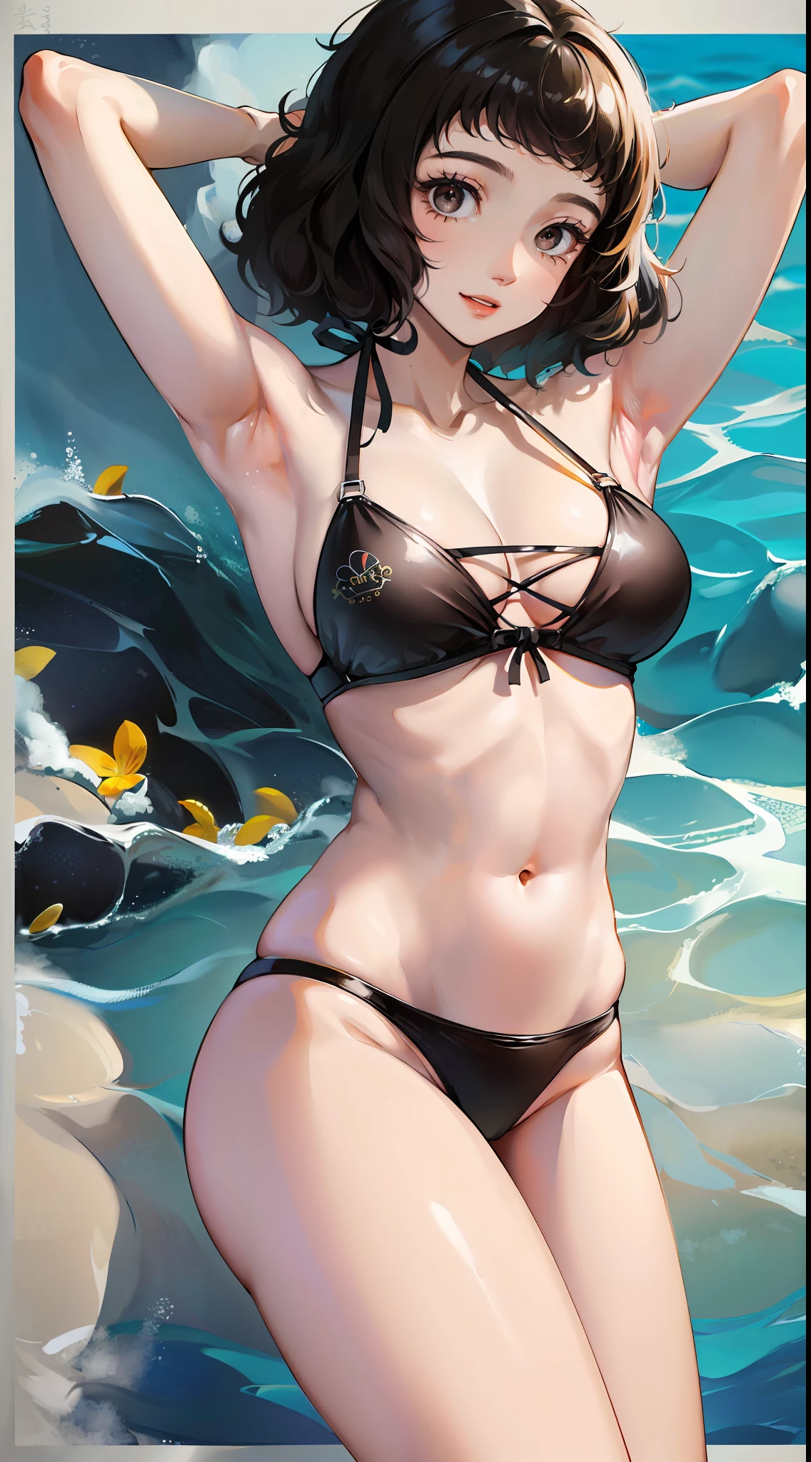kawakami sadayo,ssee-through,Fleshy thighs,Pose,Poster publicity style,Cool swimsuit,sensually,Ocean park, figure,C cup,Happy expression,Be loving