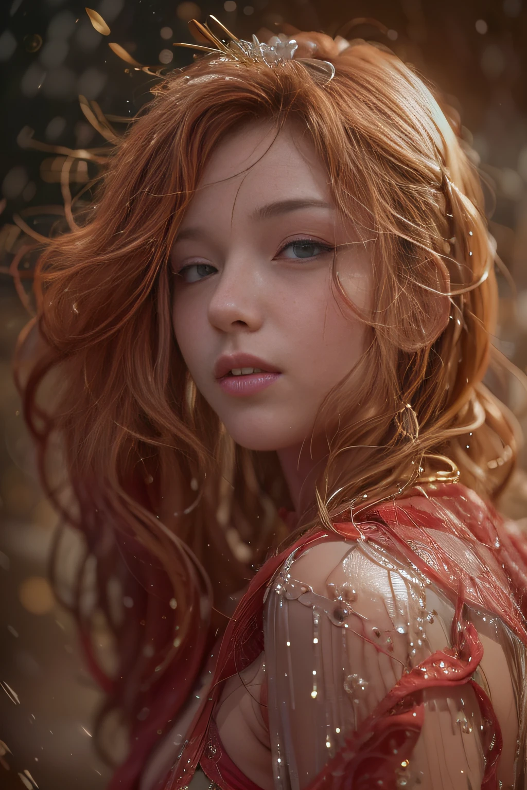 1girl in, surrealism, Verism, nffsw, ccurate, Anatomically correct, Textured skin, awardwinning, hight resolution, Super Detail, 8K,Pretty Face, Detailed face, Full body shot, perfectly proportions,Beautiful curvaceous,a wet body,Shy smile,(Depth Fields:1.3),red,