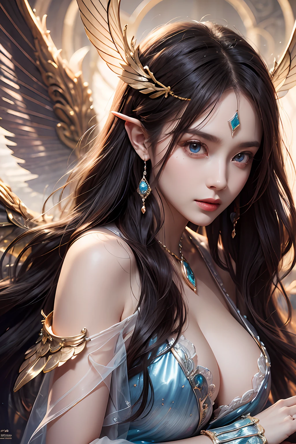 Beautiful Valkyrie,（best qualtiy，hyper HD, Masterpiece, 16k）,Goose egg face,largeeyes,long eyelasher,There are precious stones on the forehead,Exquisite（live-action realistic style）,Star-like eyes,Ultimate face,Photorealistic light and shadow,Clear facial features,Milky white skin,Fair skin, highdetailskin,Realistic skin details,Visible Pore,（Super detail）,Petite body,Carmelto, full bodyesbian,She wears long loose black hair and reaches her waist,（hair flowing）, Smoothness,Huge wings,Crystal wings,（Super detail）,Wear a transparent silk cardigan dress，Beautifully decorated,((dynamicposes),sat on the ground,Legs slightly open),Be red in the face,((Dynamic background((Red lightning)),Fantasy space，Luxurious space,NSFW：1.07